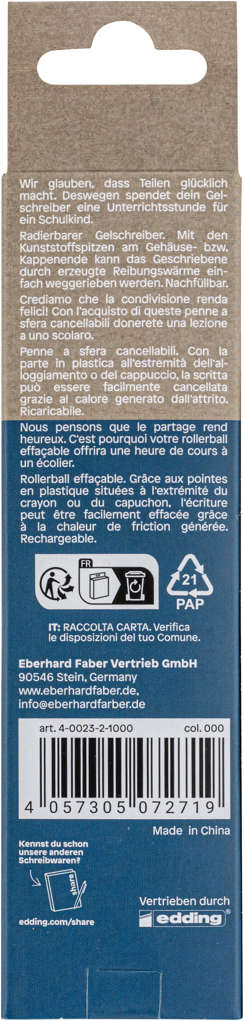 Die Rückseite der blauen Verpackung des share Gelroller M radierbar 2er-Sets zeigt mehrsprachigen weißen Text zu Funktionen, Recycling für nachhaltigen Konsum, Firmenkontaktinformationen, Barcode und Symbolen wie Recycling- und Social-Media-Symbolen. Marke: share.