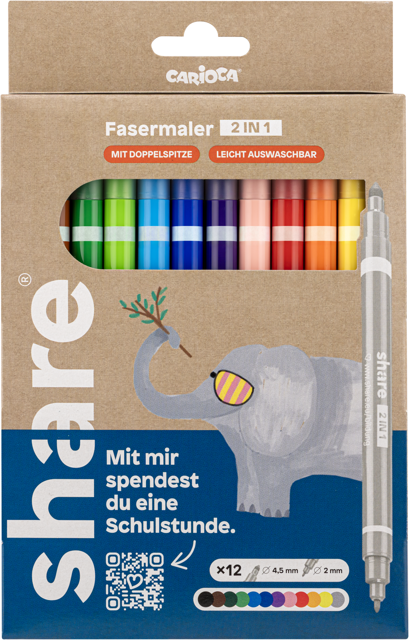 Das „share Fasermaler 2in1 12er-Set“ zeigt einen Elefanten mit Sonnenbrille und bietet 12 bunte Marker mit abwaschbarer Tinte. Es enthält den Spruch „Mit mir verbringst du eine Schulstunde“, einen QR-Code und wirbt für nachhaltigen Konsum.