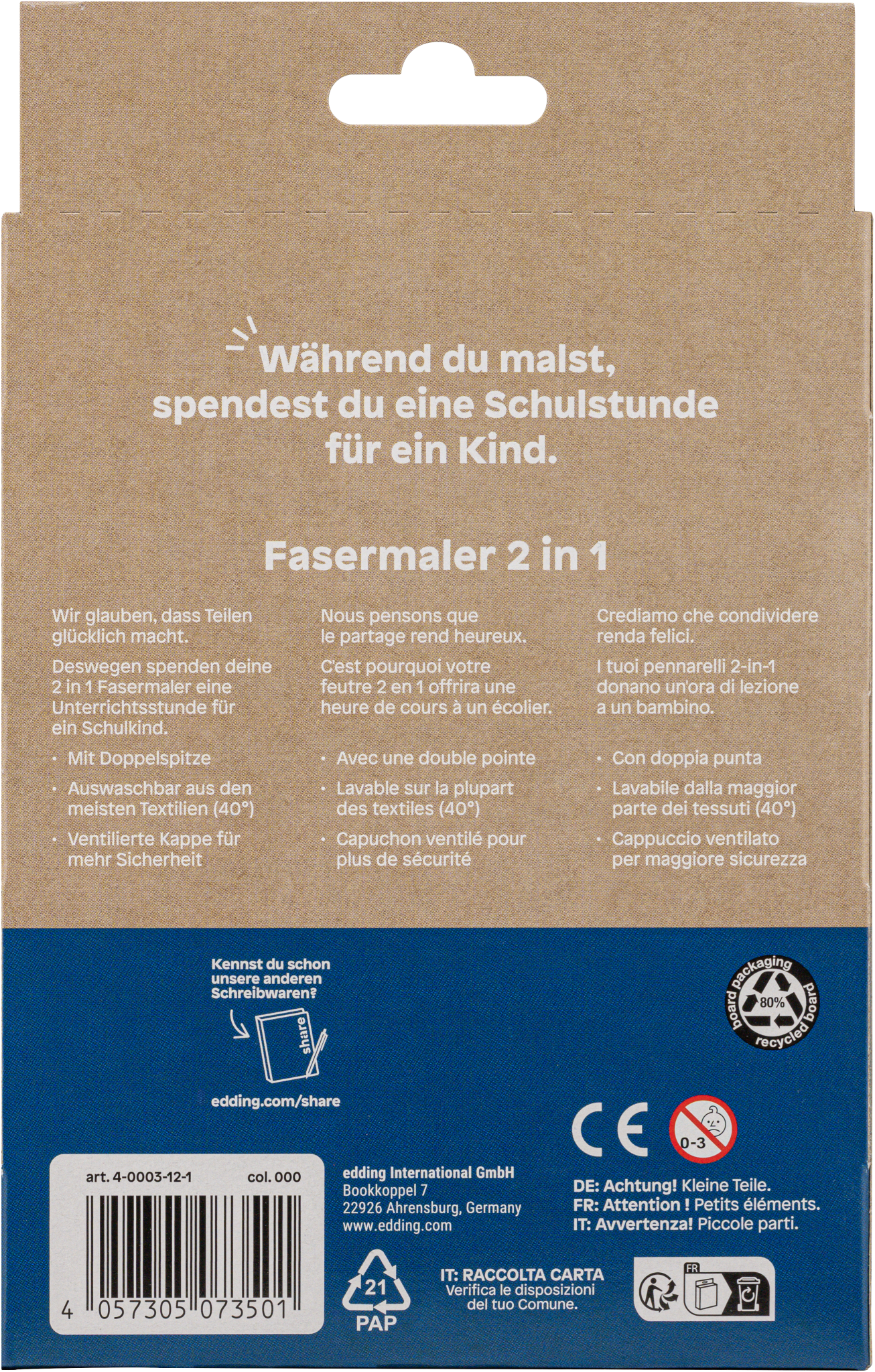 Rückseite einer Kartonverpackung für share Fasermaler 2in1 12er-Set von share, mit Produktinformationen in Deutsch, Französisch, Italienisch und Niederländisch; Barcode; Unternehmensangaben; Symbole für abwaschbare Tinte, Umwelt und Sicherheit - ideal für den nachhaltigen Gebrauch.