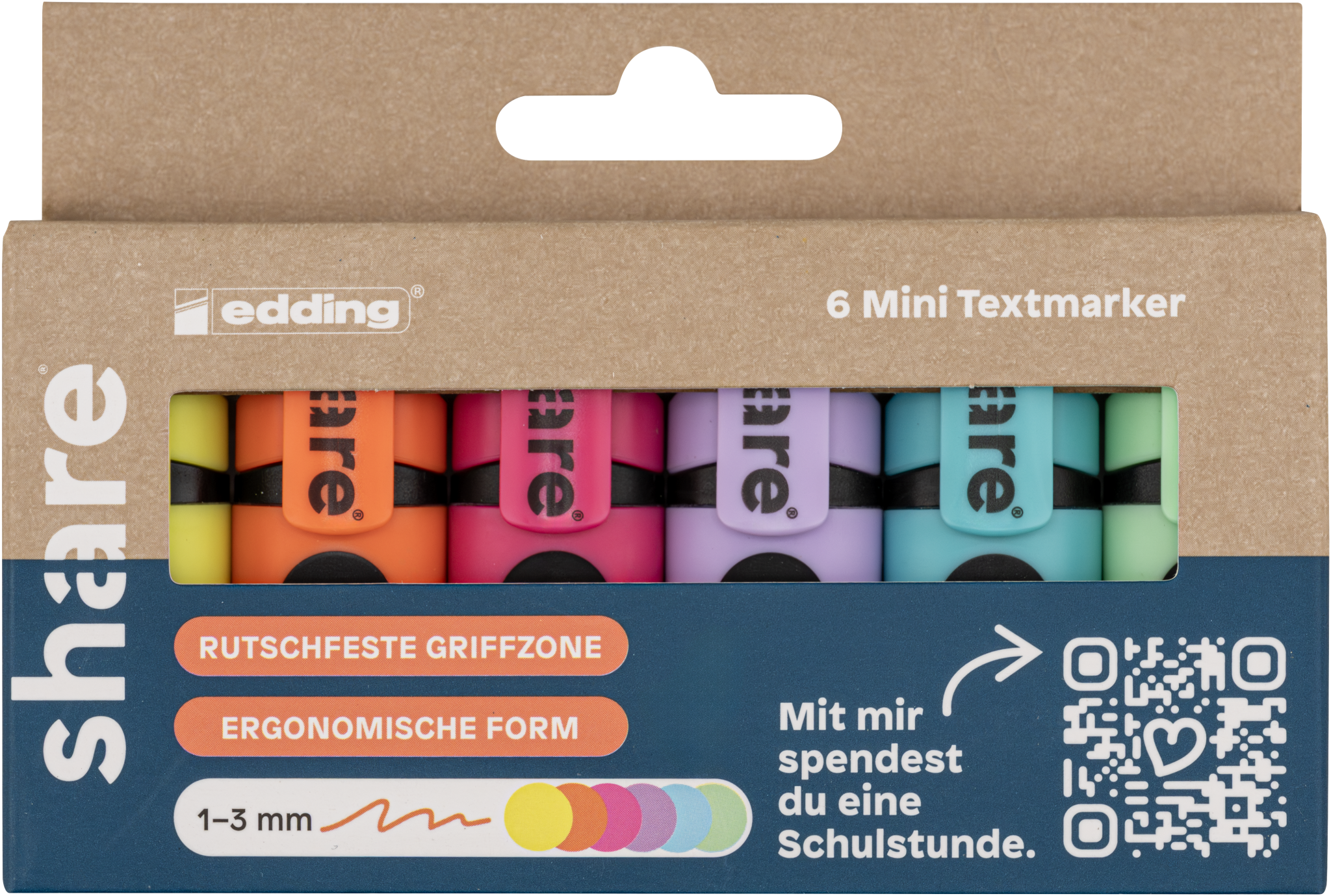 Das share Textmarker Mini 6er-Set kommt in einer Pappschachtel mit Branding, Produktdetails, einem QR-Code und einem deutschen Text zur Unterstützung eines Schulprojekts. Enthält sechs Mini-Marker in Pastell- und Neonfarben.