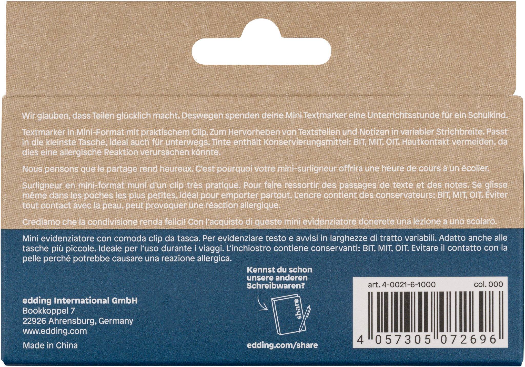 Rückseite einer Kartonverpackung für share Textmarker Mini 6er-Set, mit Produktinformationen in mehreren Sprachen, Markendetails, Barcode und QR-Code. Mit Pastell- und Neonfarben und einem Schlitz zum Aufhängen an der Oberseite.