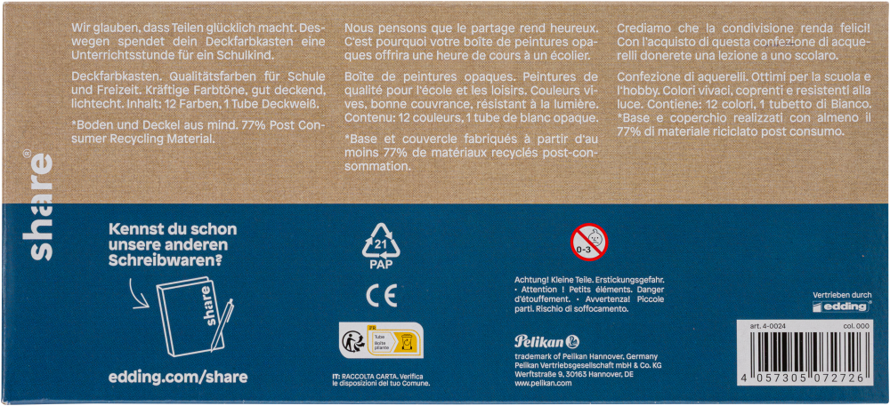 Auf der Rückseite der Share-Deckfarbenkasten-12-Farben-Verpackung sind Texte auf Deutsch, Französisch, Spanisch und Italienisch, ein Recyclingsymbol für recyceltes Material, Produktdetails, ein Strichcode und ein blauer Abschnitt mit der Hervorhebung anderer Share-Briefpapiere zu sehen.