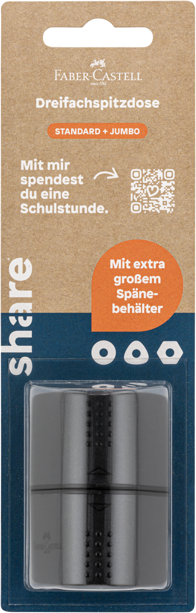 Die share Anspitzer Dreifachdose von share kommt in einer Verpackung mit der Aufschrift "Standard + Jumbo", einem braun-blauen Design, dem Schriftzug "share" an der Seite und einem transparenten Fenster, das die nachhaltige Schreibware zeigt.