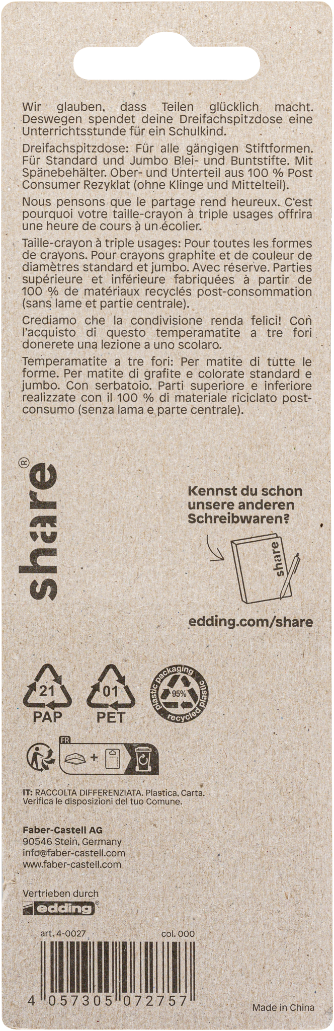 Rückseite einer braunen, nachhaltigen "share Anspitzer Dreifachdose"-Verpackung mit deutschen Vorteilen, Recyclingsymbolen, Links zu sozialen Medien und Barcode am unteren Rand. Die Marke "share" erscheint auf der linken Seite.