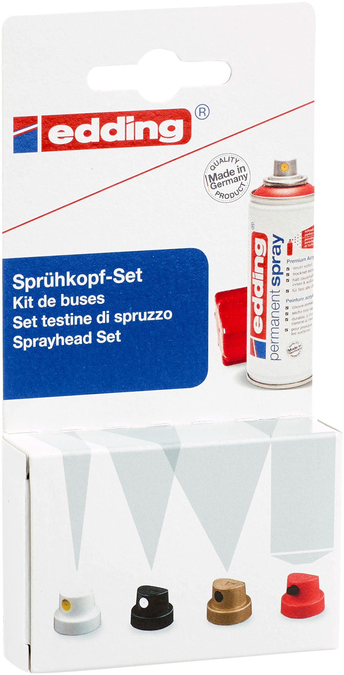 Eine Sammlung verschiedenfarbiger edding 5200 Permanentspray Sprühköpfe vor schwarzem Hintergrund.