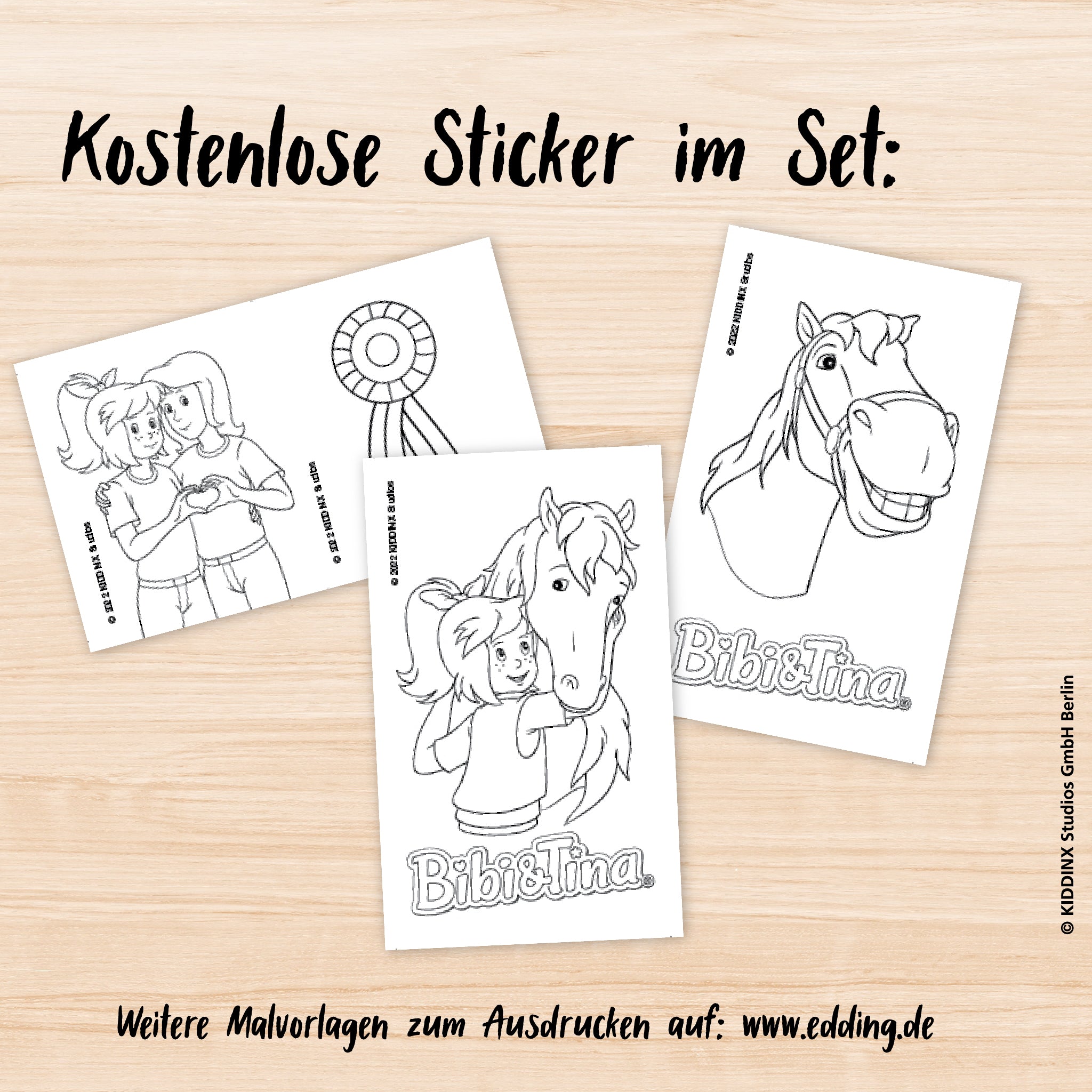 Eine Packung mit sechs pastellfarbenen edding 1200 Fasermaler fein Stiften mit den Schriftzeichen Bibi und Tina auf der Verpackung, inklusive Bonusaufkleber.