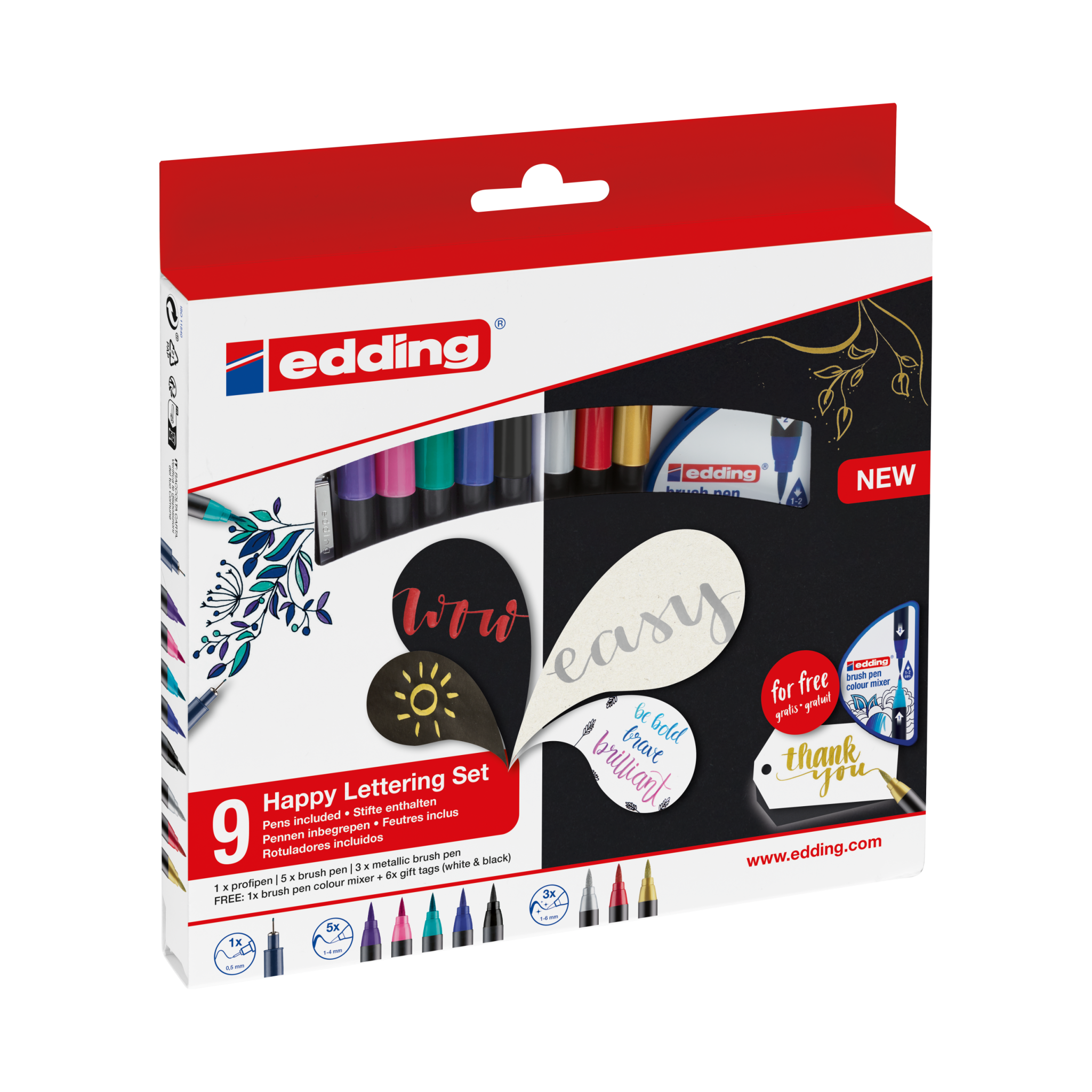 Ein Satz edding Happy Lettering Set Pinselstifte und ein Lettering-Übungsbuch, perfekt für alle, die Kalligraphie und Handlettering lieben.