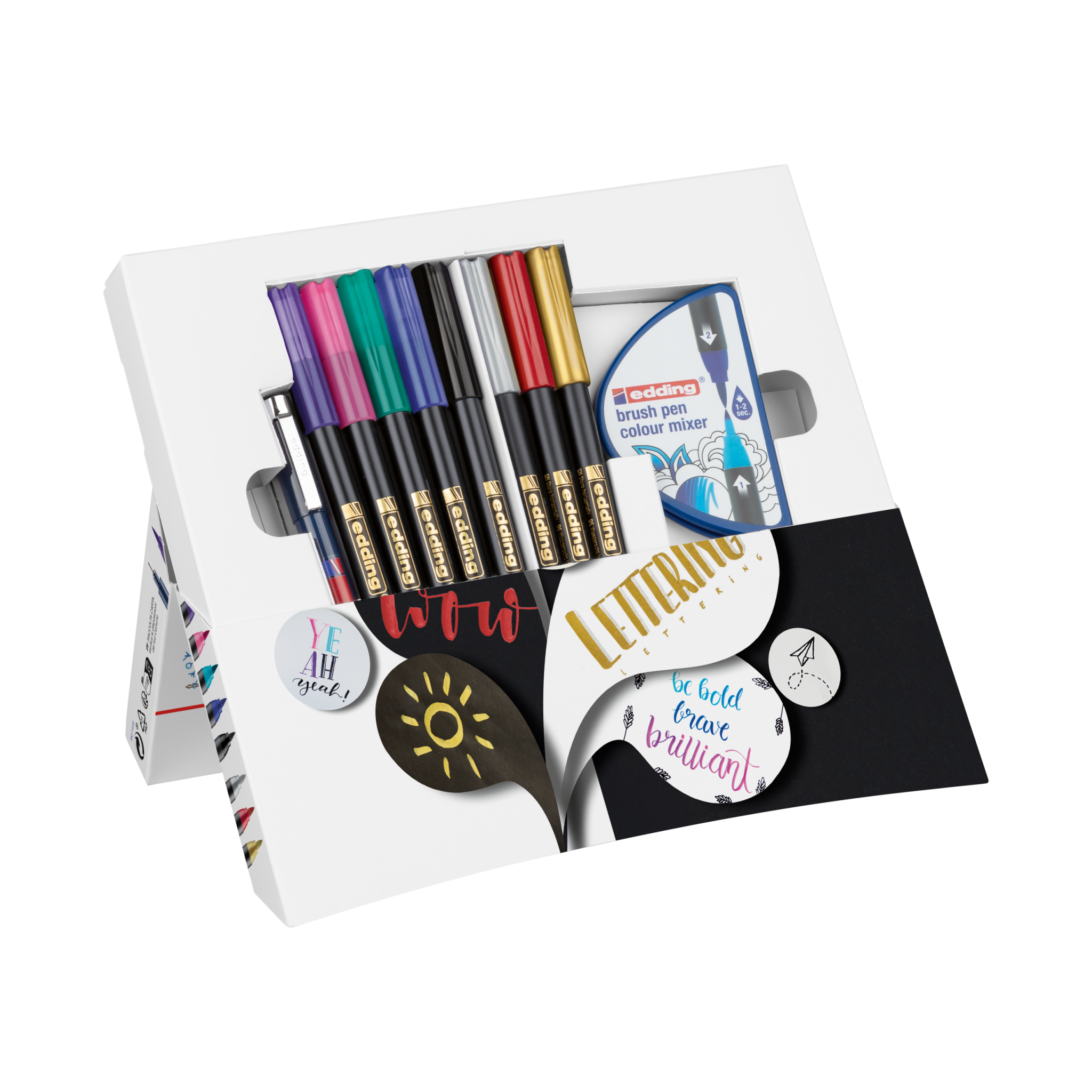 Ein Satz edding Happy Lettering Set Pinselstifte und ein Lettering-Übungsbuch, perfekt für alle, die Kalligraphie und Handlettering lieben.