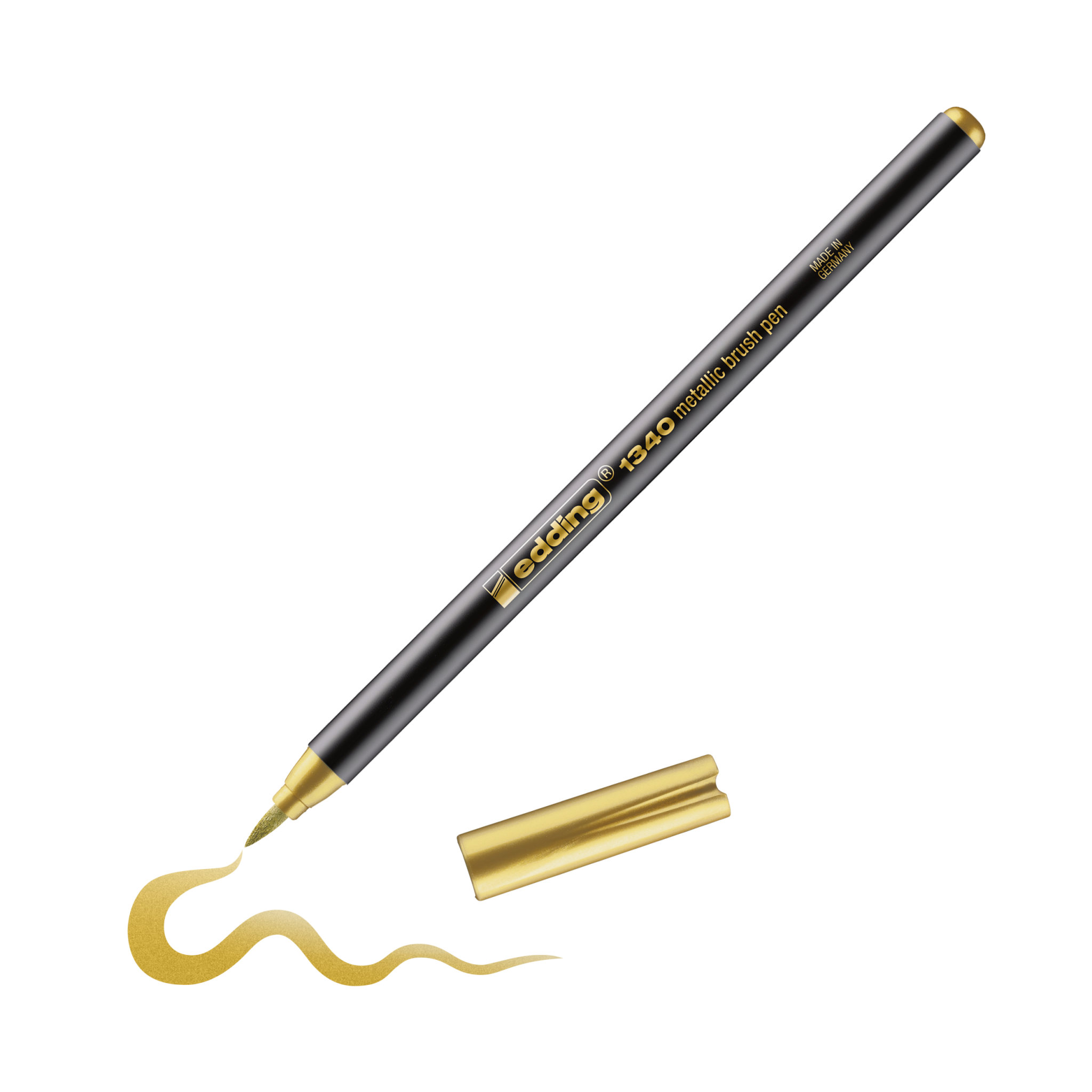 Ein goldener edding 1340 metallic Pinselstift mit abgenommener Kappe, der eine Wellenlinie auf einem schwarzen Hintergrund zeichnet.