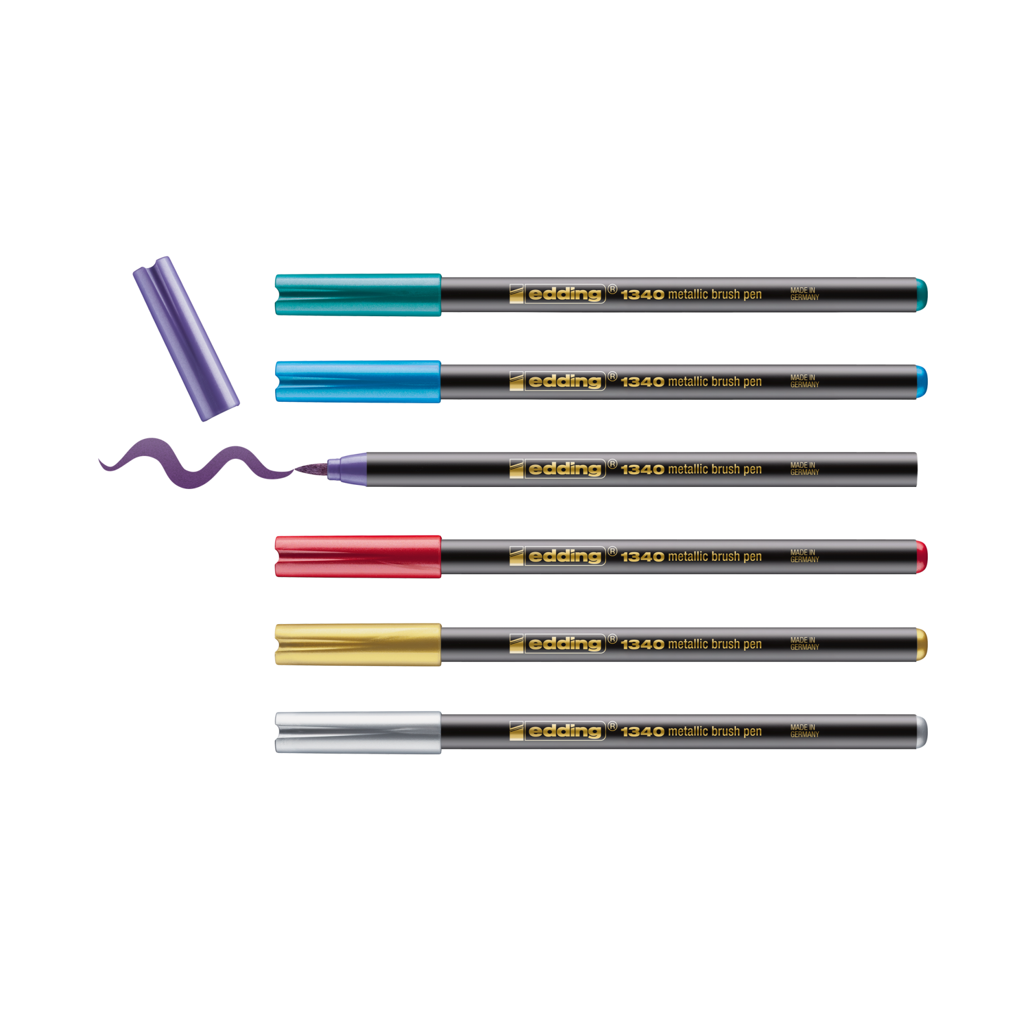Eine Sammlung von sieben leuchtenden edding 1340 metallischen Pinselstift-Markern, jeder mit unterschiedlich farbigen Kappen und Spitzen, präsentiert vor einem schwarzen Hintergrund mit einer wellenförmigen Linie, die von einem der Marker gezeichnet wird.