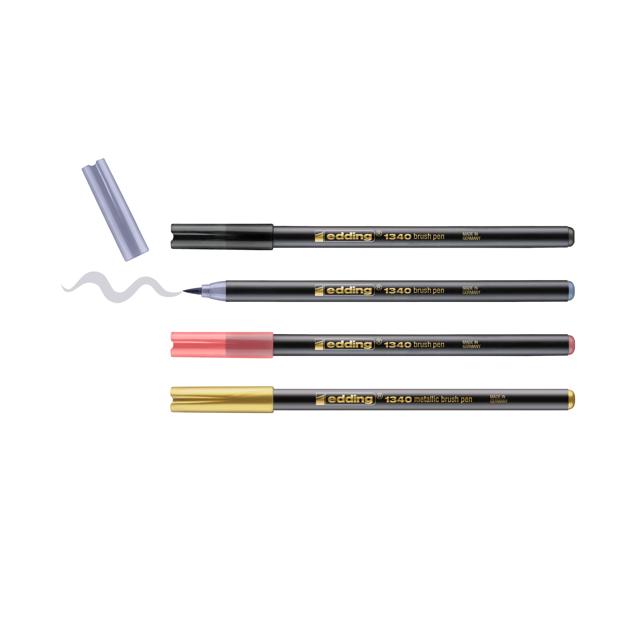 Eine Sammlung von edding 1340 metallic Pinselstiften im 4er-Set. Mix-Pinselstifte in verschiedenen Farben für Handlettering, jede Kappe neben dem jeweiligen Pinselstift, mit einer Demonstration der Strichvariabilität der Pinselspitze