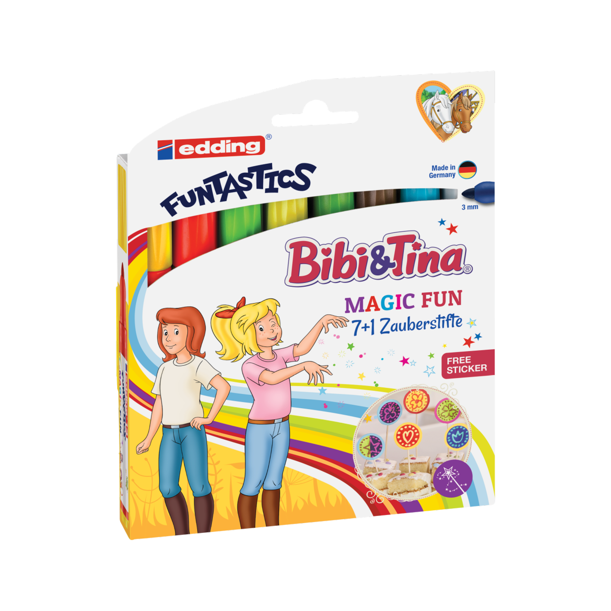 Ein farbenfrohes Paket mit edding 13 FUNTASTICS MAGIC FUN Kinderfasermaler 8er-Set sortierten Bibi & Tina®-Markern mit einem 7+1 Magic Fun Pack und kostenlosen Aufklebern mit den animierten Charakteren Bibi.