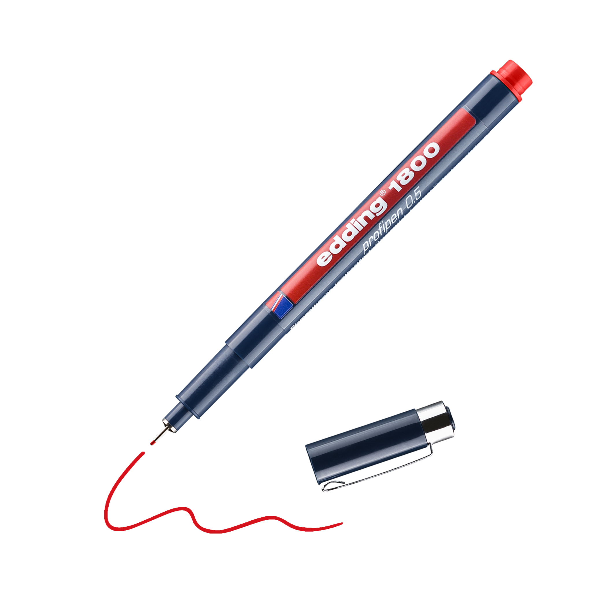 Ein roter Präzisionsmarkierstift edding 1800 Präzisionsfeinschreiber mit abgenommener Kappe, der eine rote Linie auf schwarzem Hintergrund zeichnet.