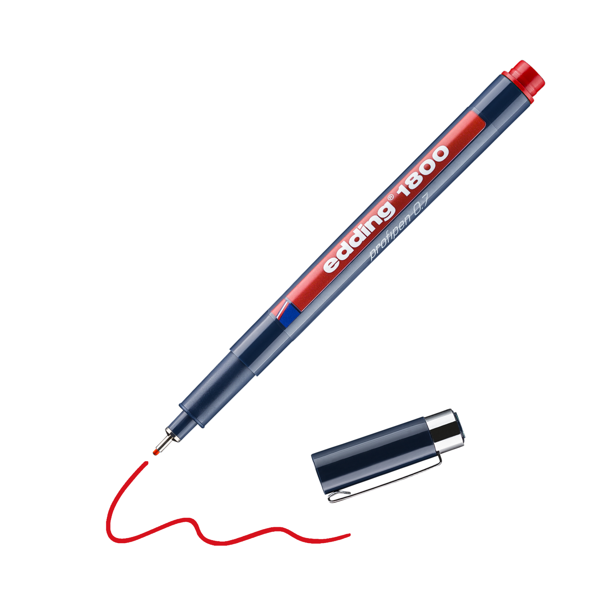 Ein schräg liegender roter edding 1800 Präzisionsfeinschreiber mit abgenommener Kappe und darunter gezeichneter roter Linie vor schwarzem Hintergrund.