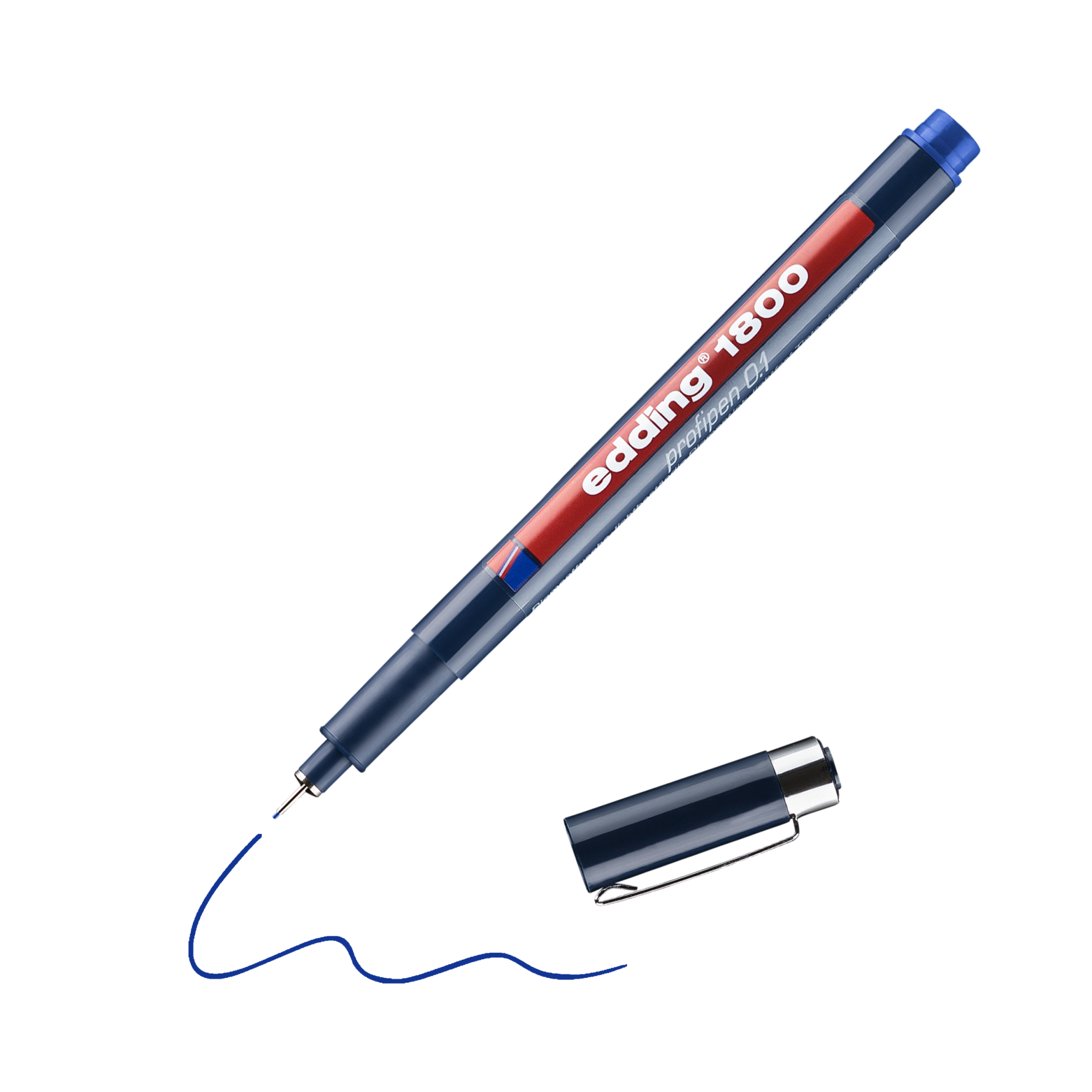 Ein blauer edding 1800 Präzisionsfeinschreiber mit abgenommener Kappe, der eine feine blaue Linie zeichnet.