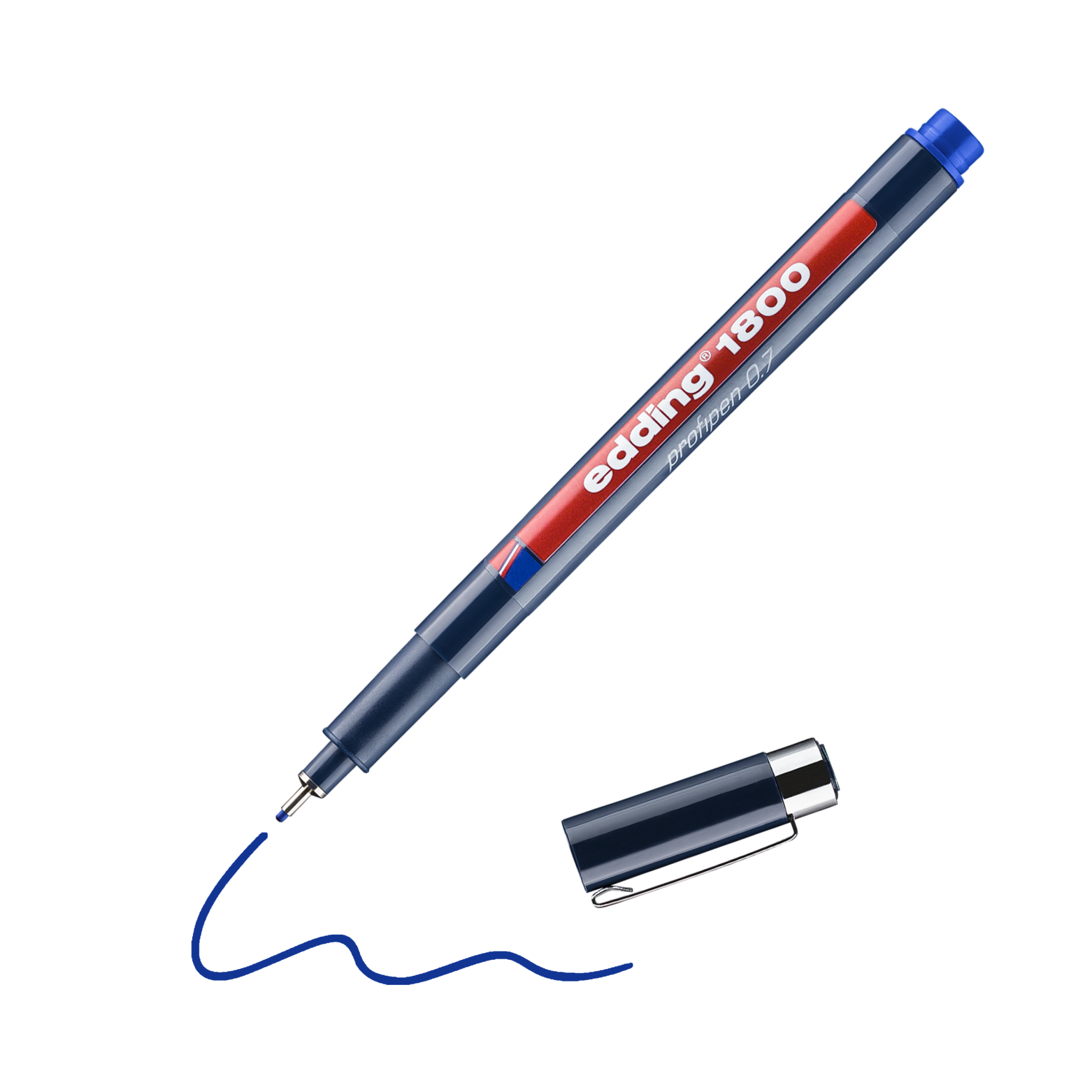 Ein blauer edding 1800 Präzisionsfeinschreiber-Präzisionsstift mit abgenommener Kappe, der eine verschnörkelte Linie auf schwarzem Hintergrund zeichnet.