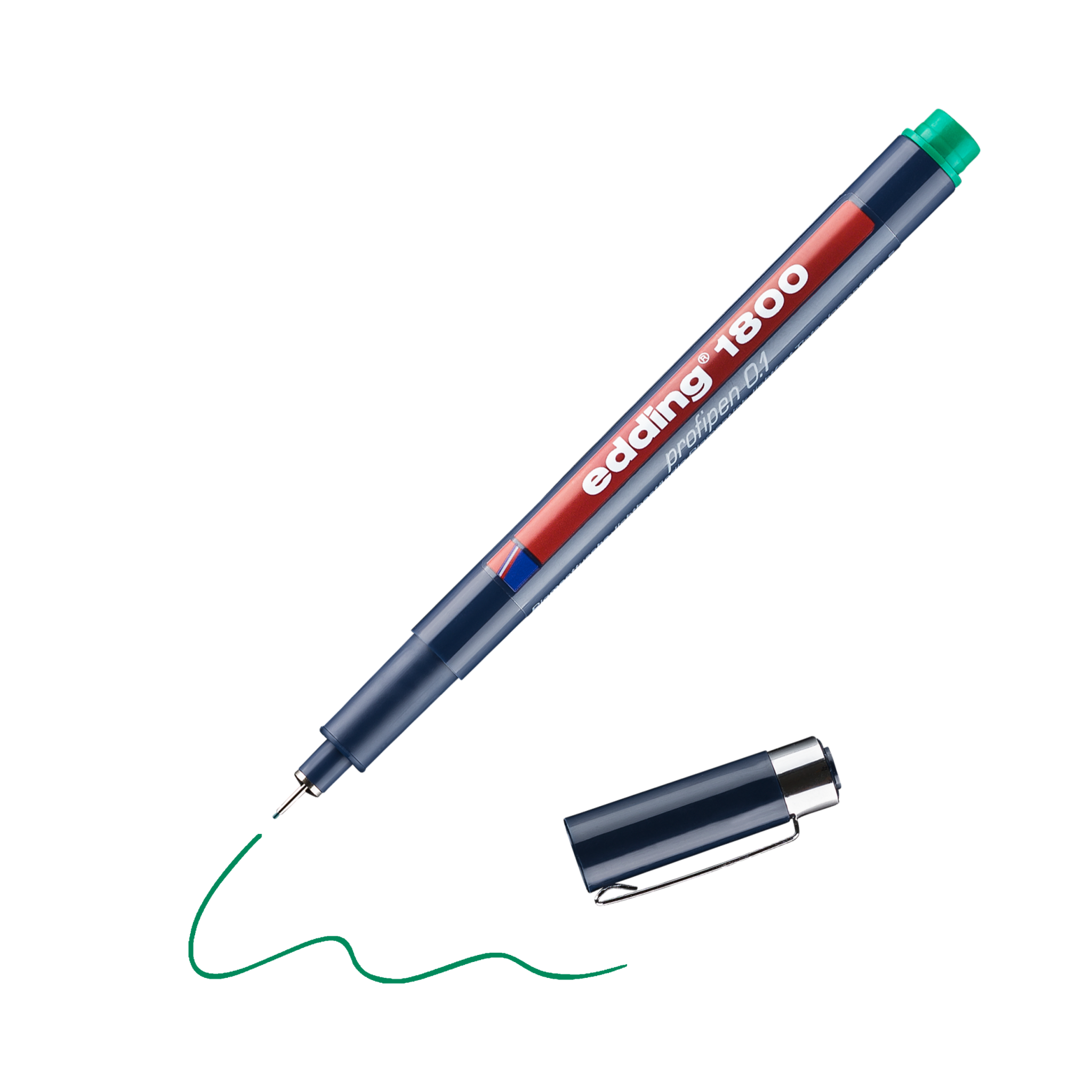 Ein edding 1800 Präzisionsfeinschreiber liegt mit abgenommener Kappe schräg auf einer schwarzen Oberfläche und aus seiner Spitze wird ein Kringel grüner Tinte gezogen.