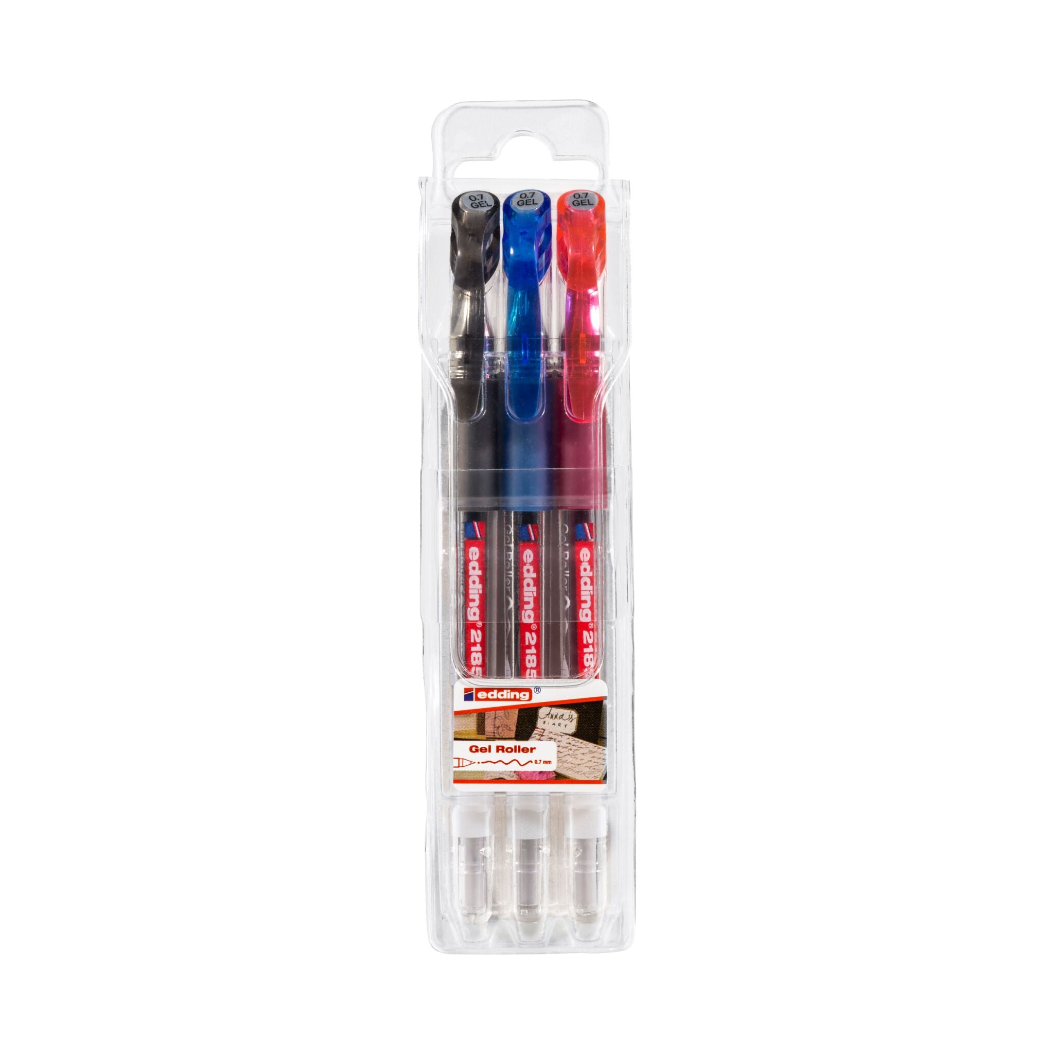 Packung mit drei edding 2185 Gelrollerstiften in Rot, Blau und Schwarz mit Geltinte, verpackt in einer durchsichtigen Kunststoffverpackung.