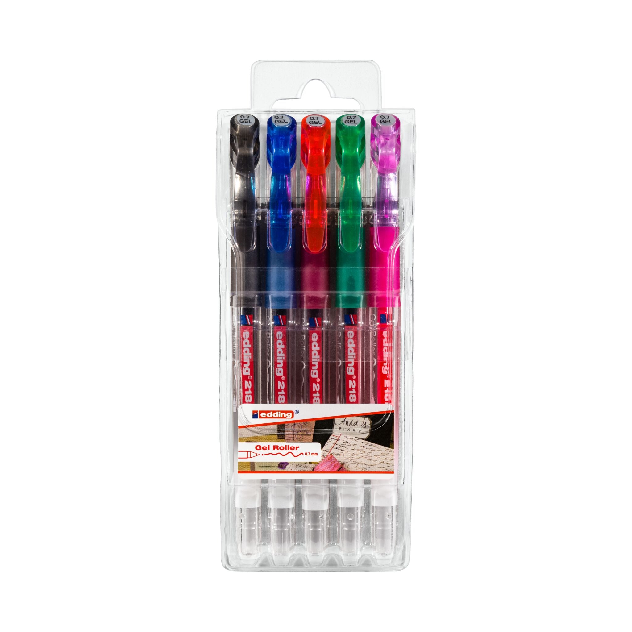 Eine Packung edding 2185 Gelroller 5er-Set metallicfarbene Gelroller in einer durchsichtigen Kunststoffhülle.