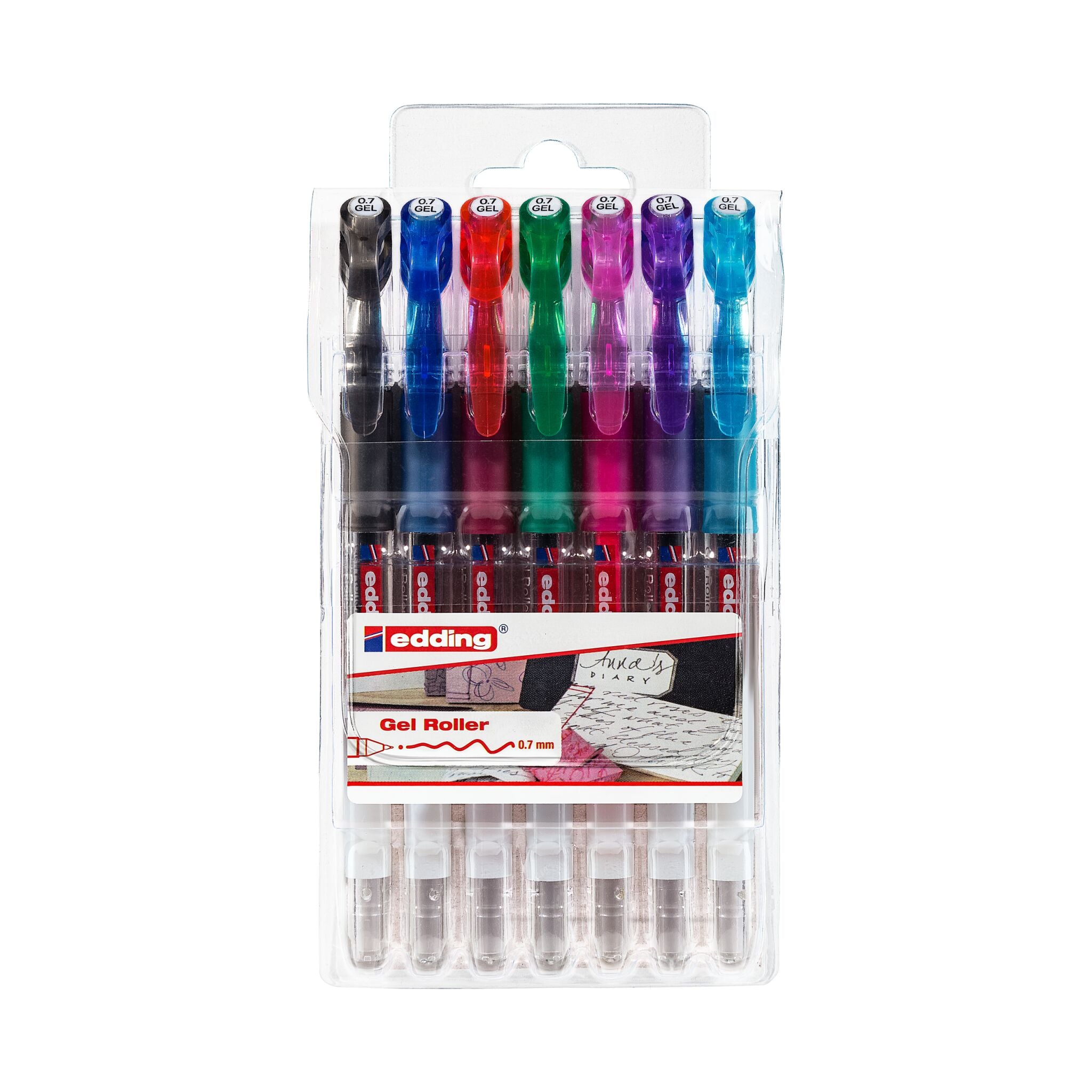 Eine Packung edding 2185 Gelroller 7er-Set Stifte in verschiedenen Metallicfarben, präsentiert in einem durchsichtigen Kunststoffgehäuse.