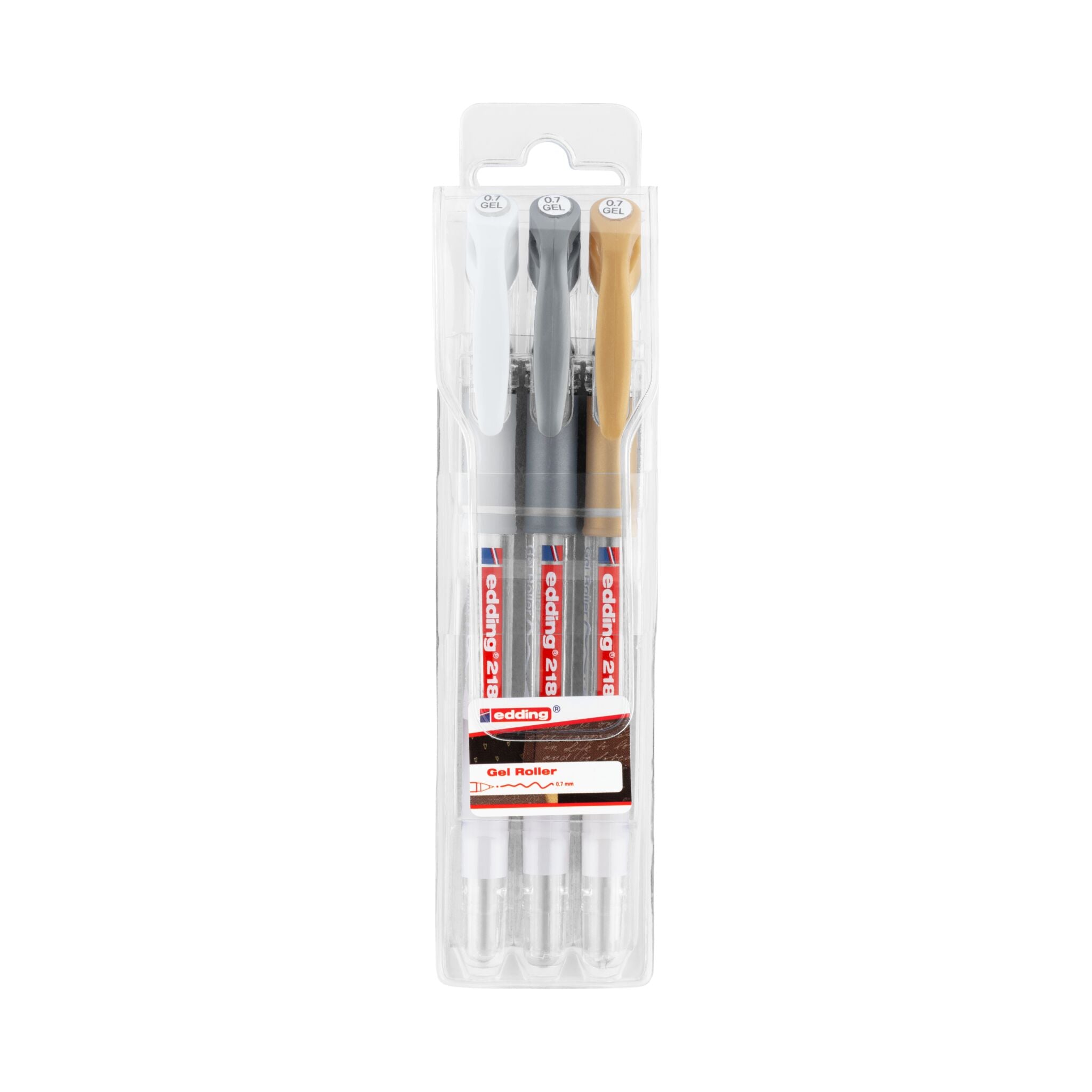 Eine Packung mit drei edding 2185 Gelrollerstiften mit schwarzer Tinte.