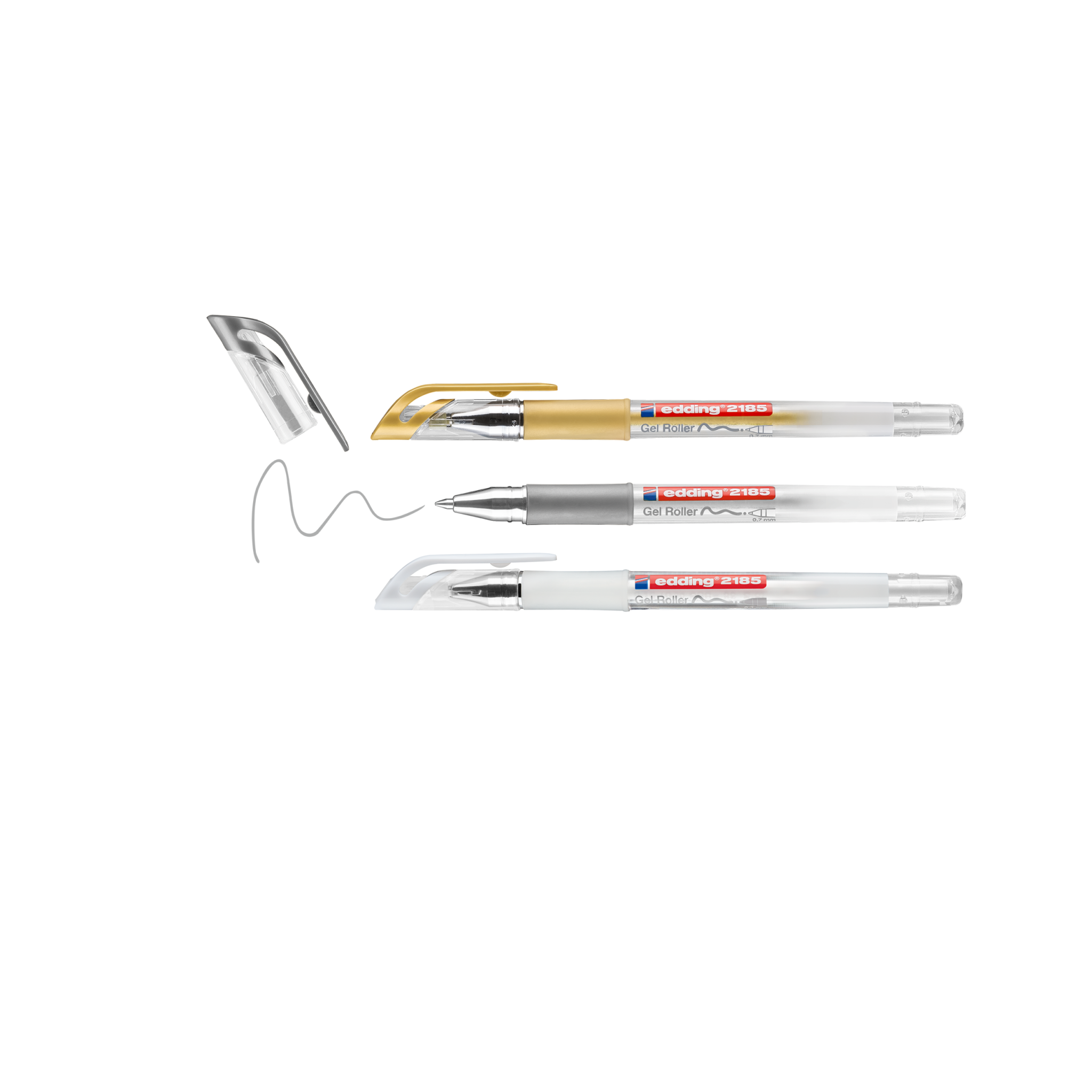 Eine digitale Komposition, die drei stilisierte edding 2185 Gelroller zeigt, die vor einem schwarzen Hintergrund schweben, mit kunstvollen Kringeln darunter, die an Kritzeleien oder Stiftspuren erinnern.