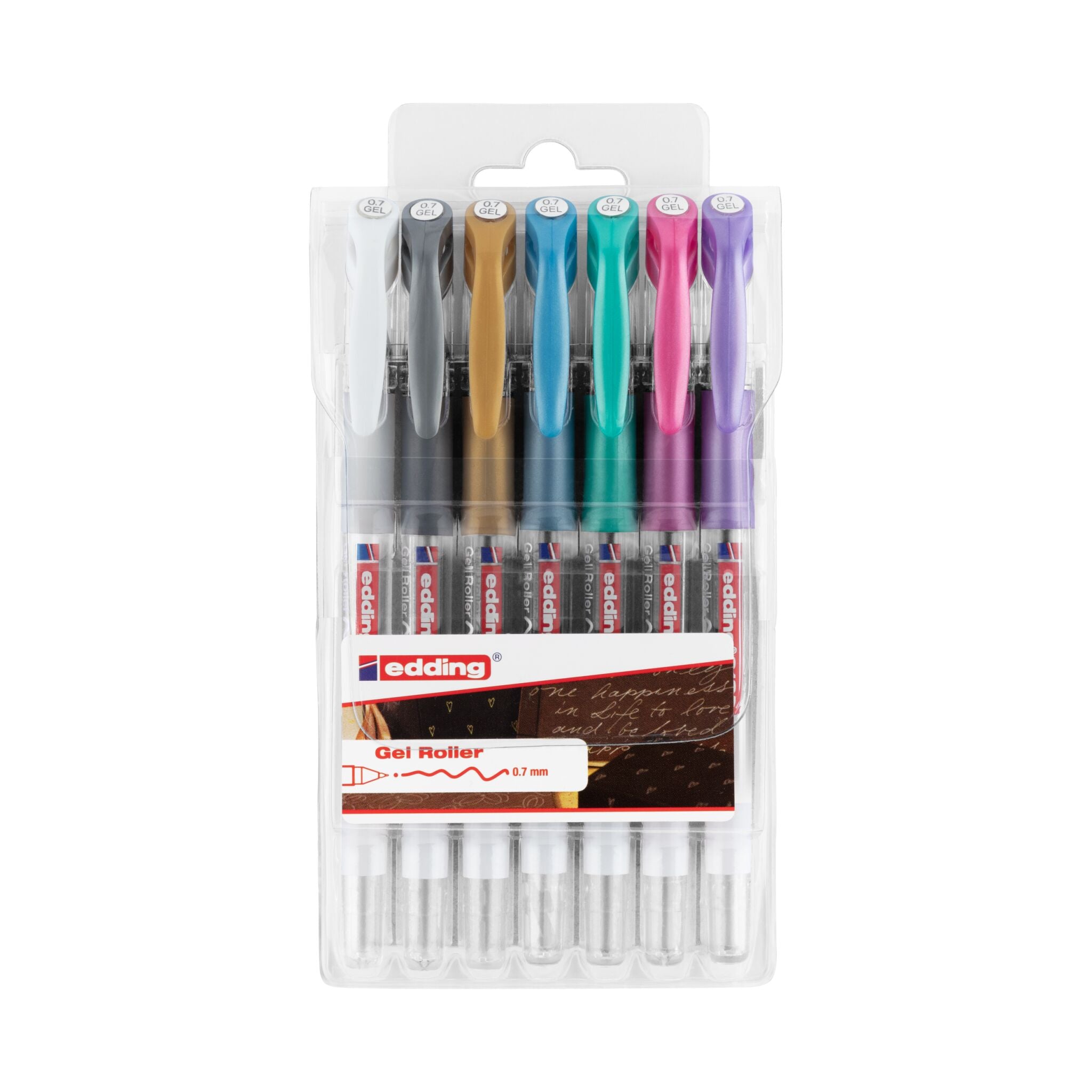Eine Packung edding 2185 Gelroller 7er-Set Stifte mit verschiedenen Metallicfarben in einer durchsichtigen Kunststoffverpackung.