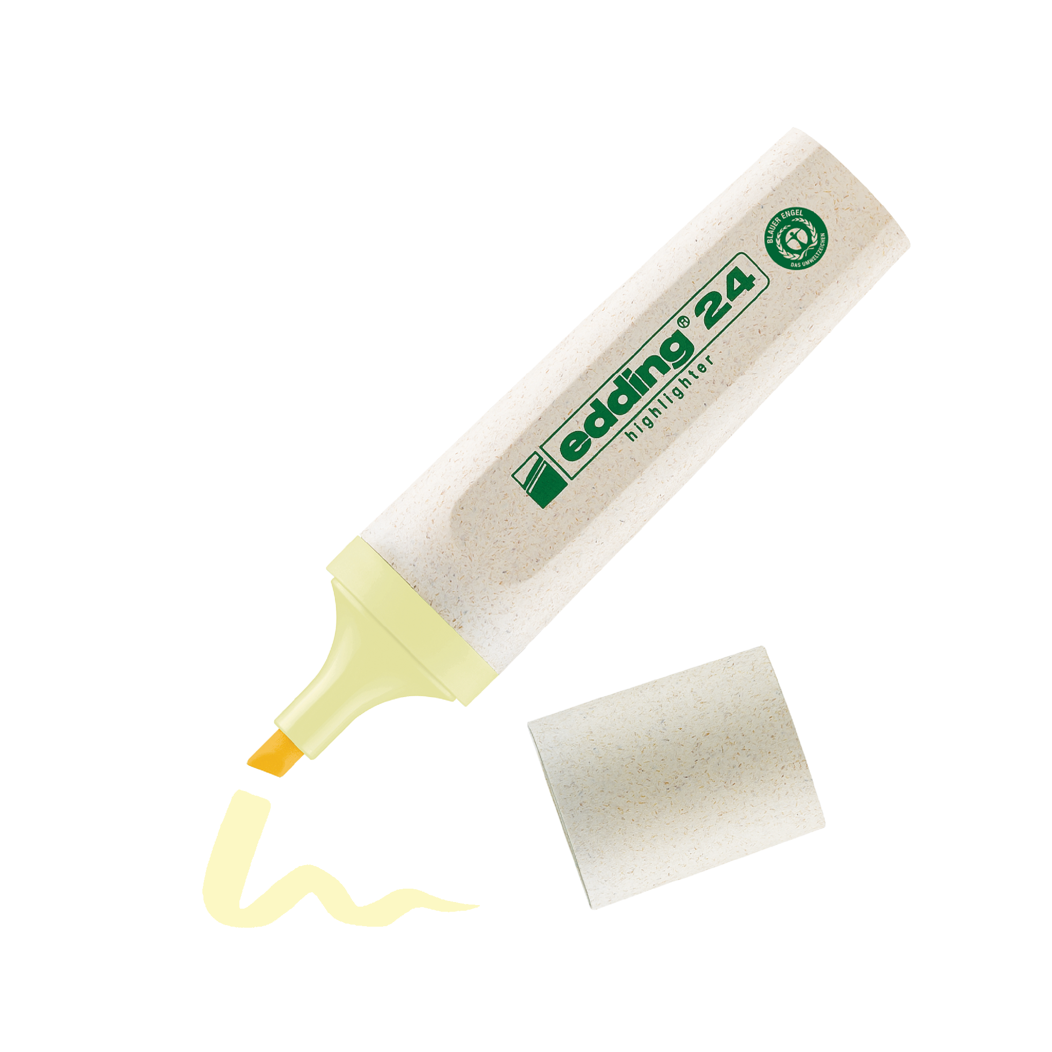Ein umweltfreundlicher edding 24 EcoLine Textmarker, indem edding mit abgenommener Kappe und einer kleinen Menge Kleber auf eine Fläche daneben aufgetragen wird.