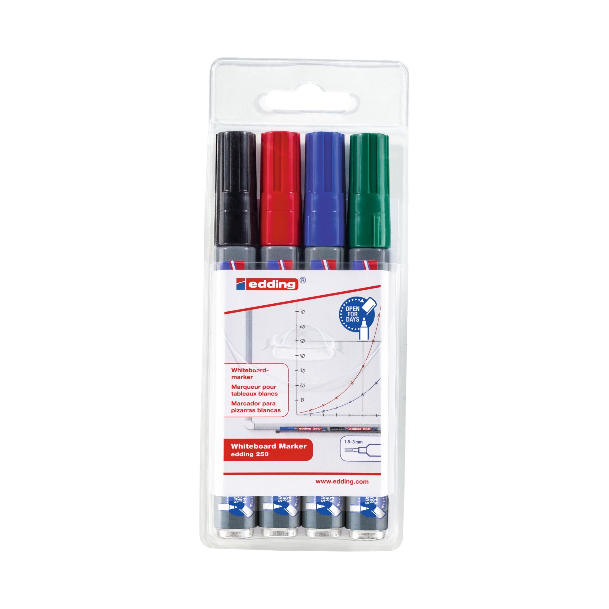 Vierer-Set edding 250 Whiteboardmarker 4er-Set in einer trocken abwischbaren Kunststoffverpackung, inklusive den Farben Schwarz, Rot, Blau und Grün.