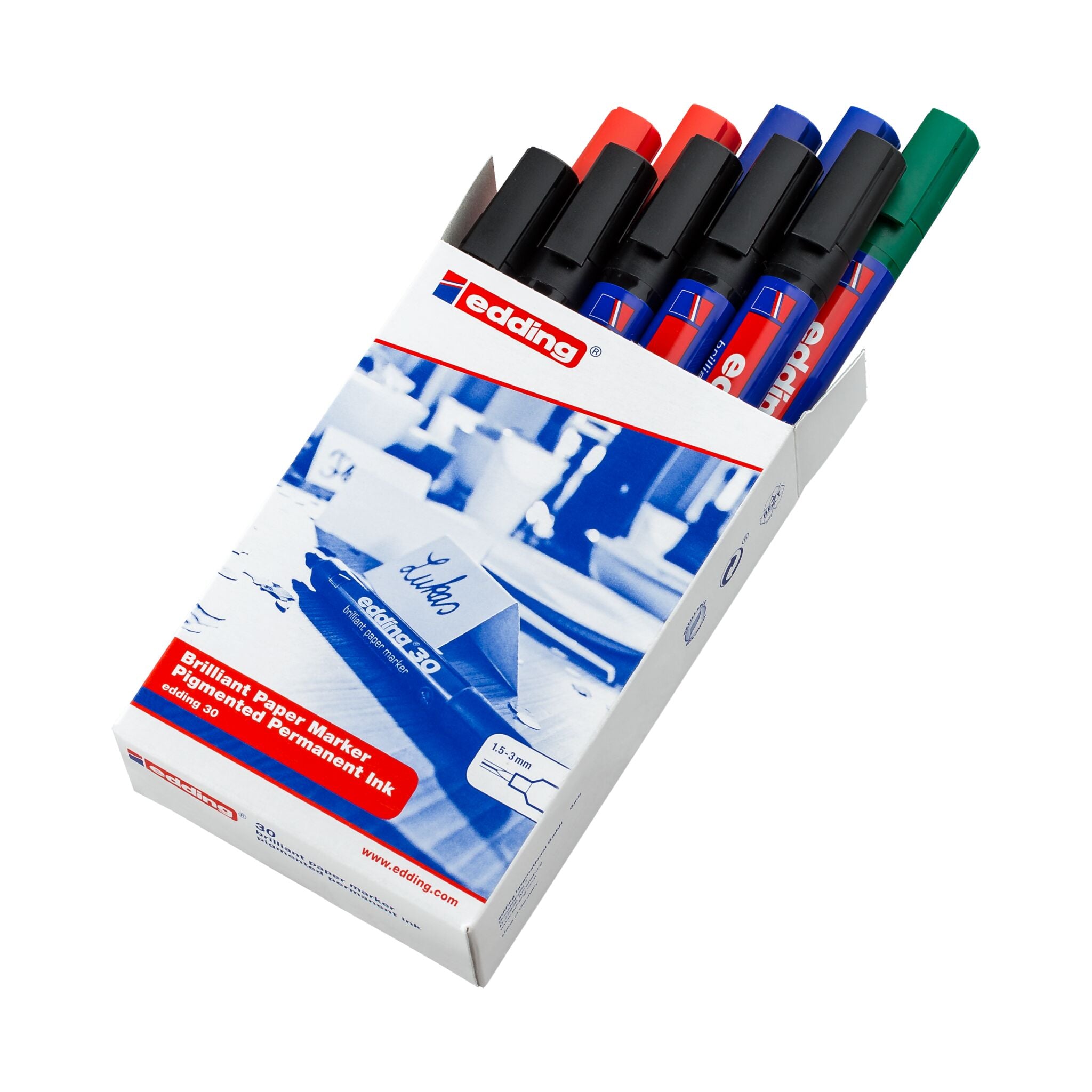Eine Packung edding 30 Brillant-Papiermarker 10er-Set Permanentmarker in verschiedenen Farben, hergestellt in Deutschland, auf weißem Hintergrund.