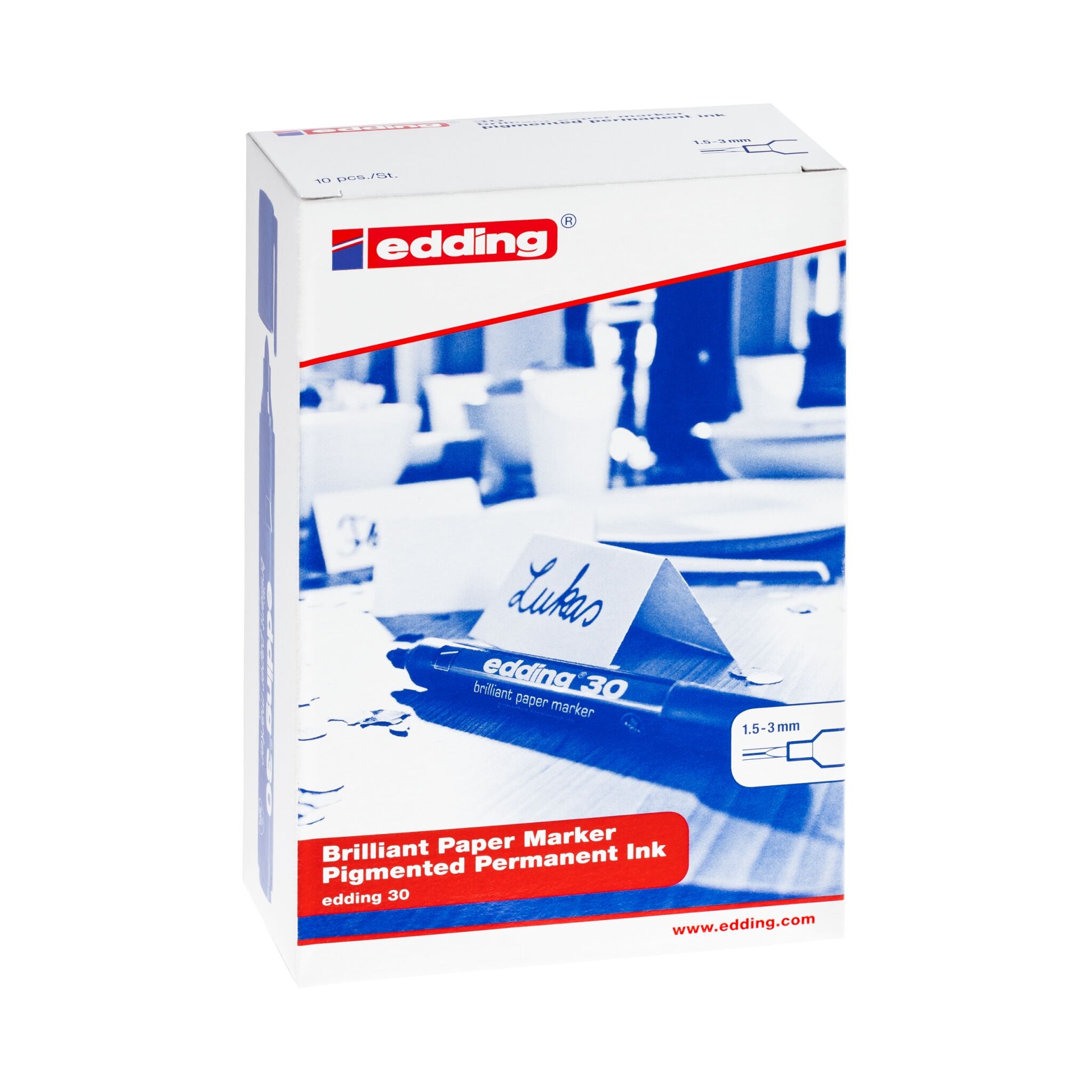 Produktverpackung für das edding 30 Brillant-Papiermarker 10er-Set mit pigmentierter Permanenttinte, geeignet zum Markieren und Beschriften verschiedenster Oberflächen mit lichtbeständigen Beschriftungen.