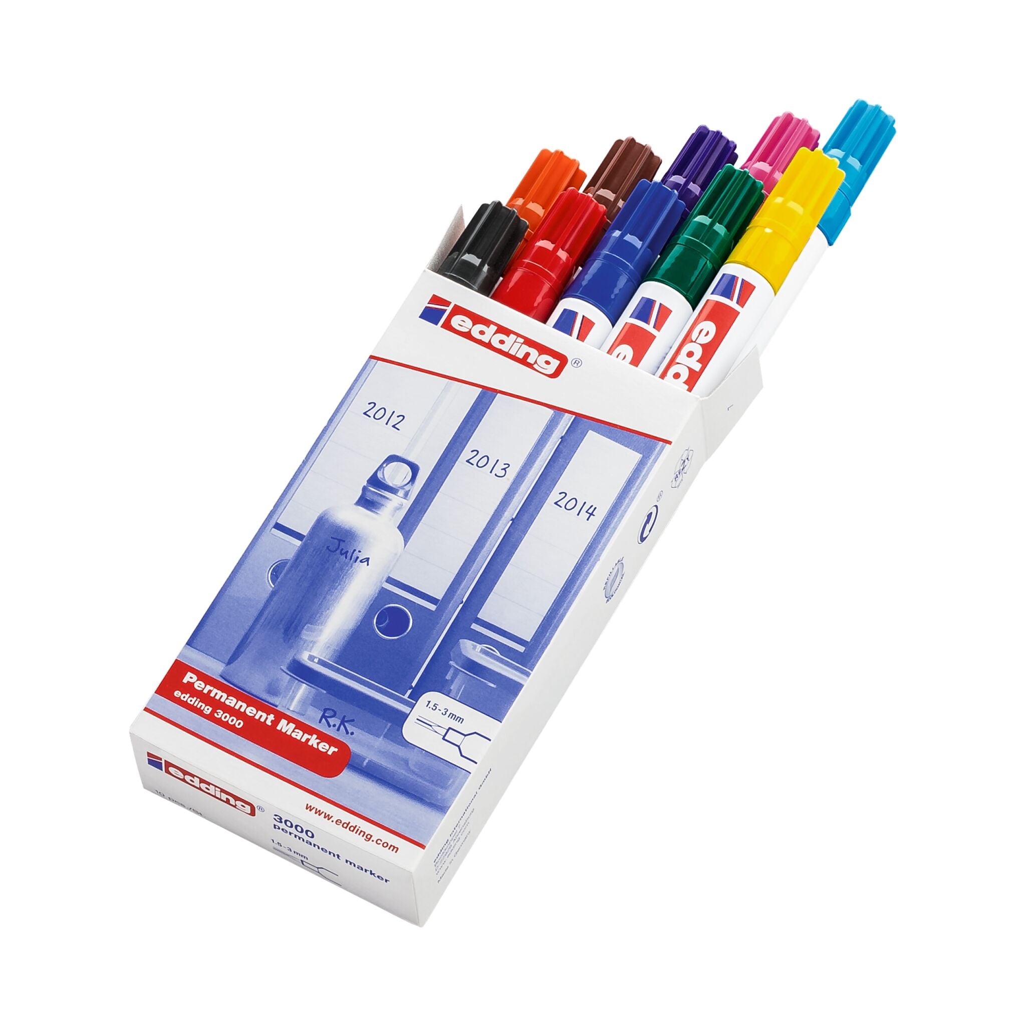 Eine Packung edding 3000 Permanentmarker im 10er-Set in verschiedenen Farben, angezeigt auf weißem Hintergrund.