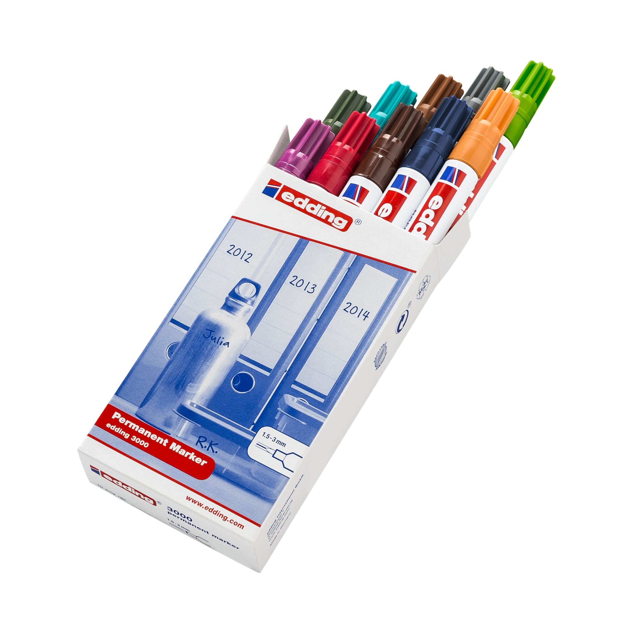 Eine Packung farbenfroher edding 3000 Permanentmarker im 10er-Set mit aufgesetzten Kappen, schräg positioniert vor einem weißen Hintergrund.