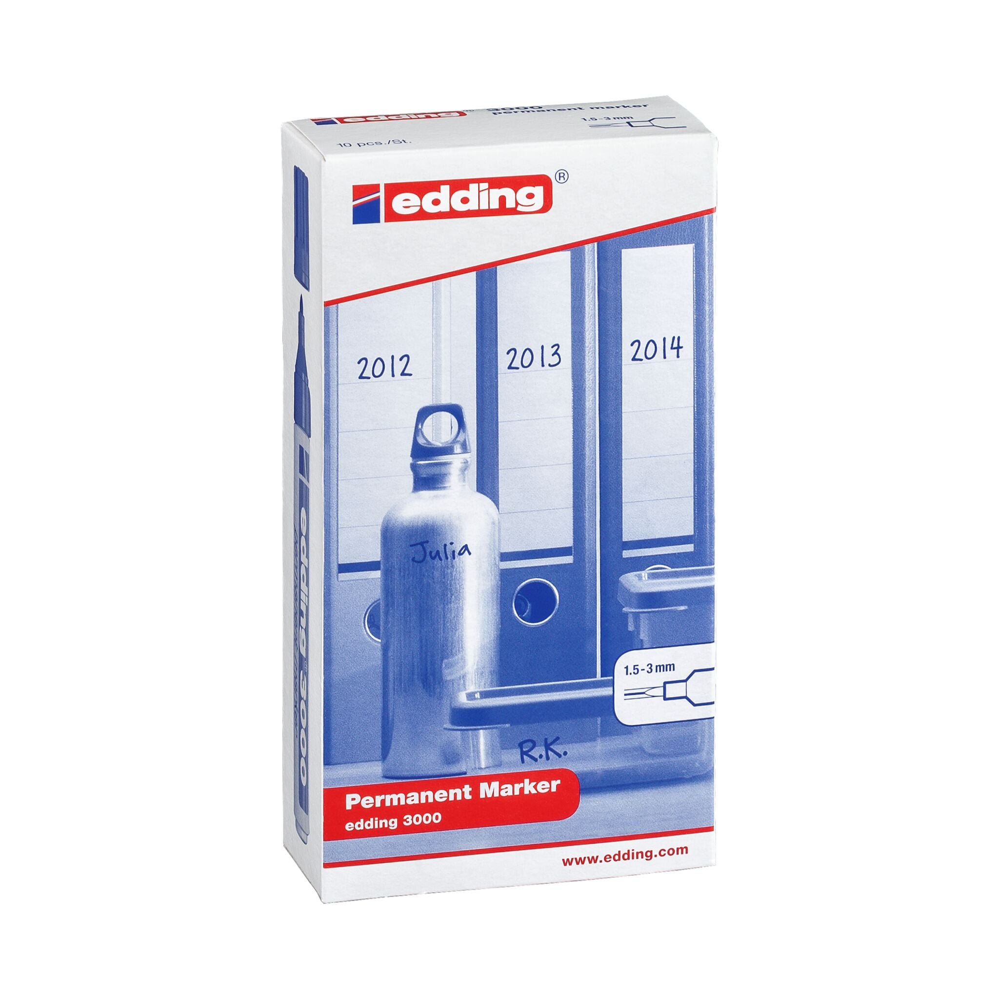 Eine Packung mit einem edding 3000 Permanentmarker 10er-Set mit blauer Kappe und einer Abbildung des Markers auf der Vorderseite.