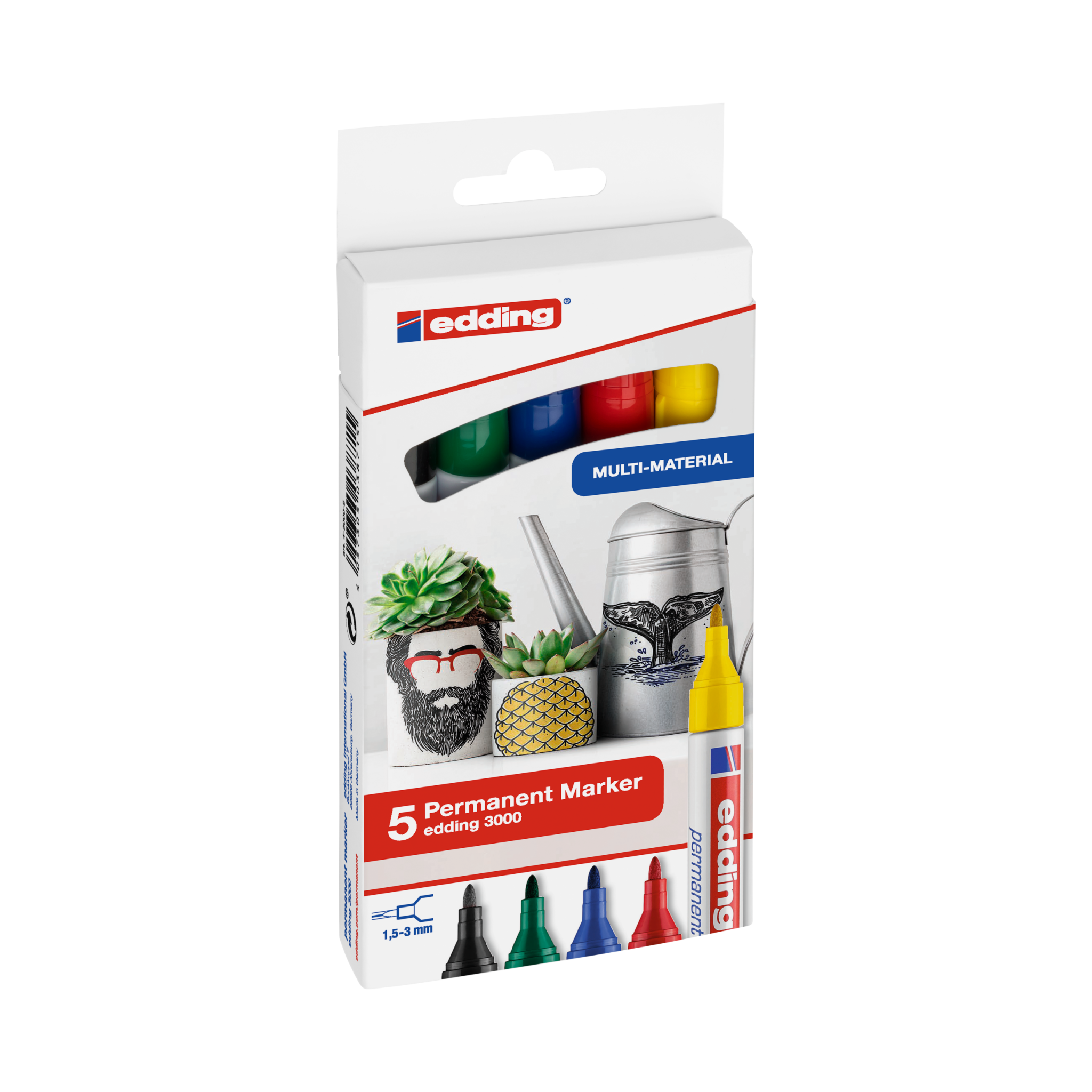 Eine Packung mit fünf edding 3000 Permanentmarkern im 5er-Set, hergestellt in Deutschland, in verschiedenen Farben, beworben für die Verwendung auf mehreren Oberflächen.