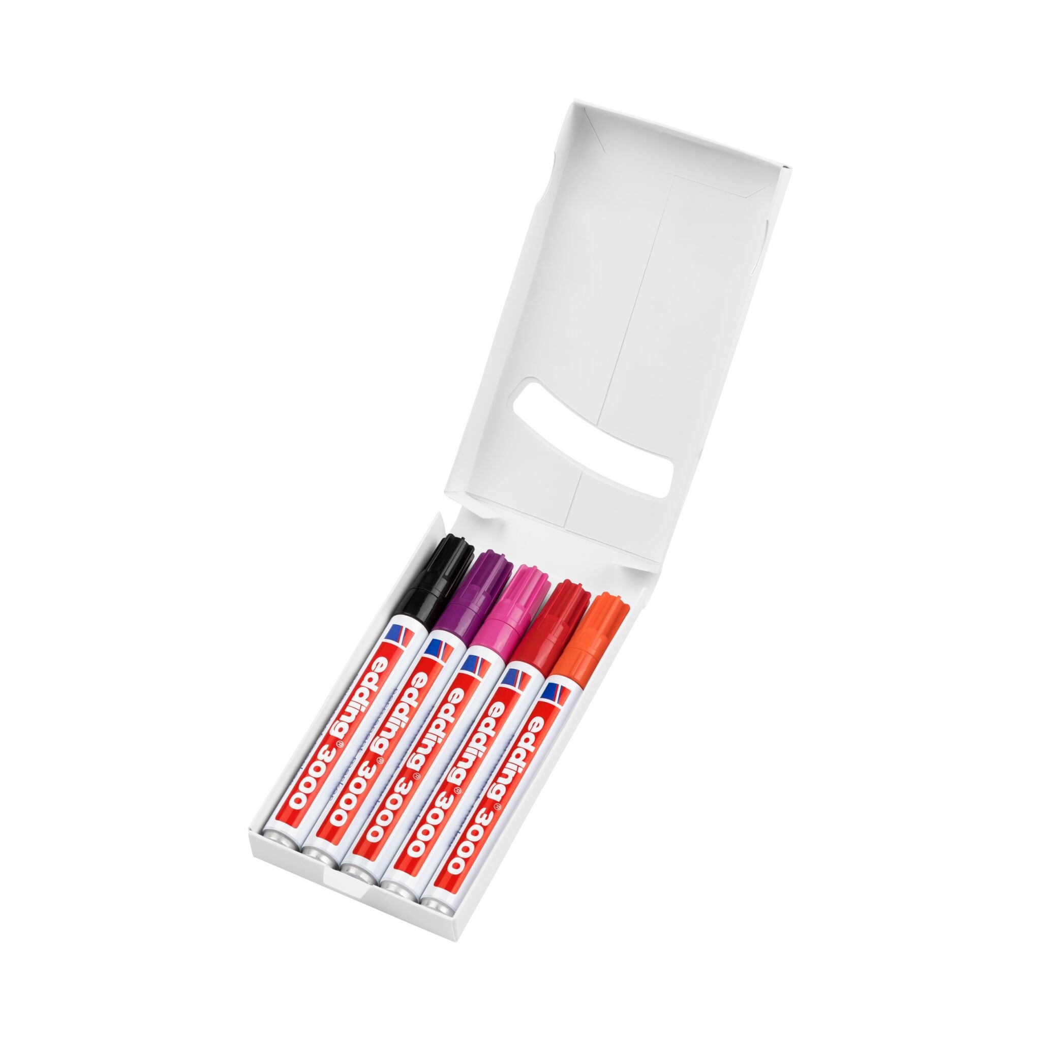 Ein Satz farbenfroher edding 3000 Permanentmarker im 5er-Set in einer weißen Box vor weißem Hintergrund.