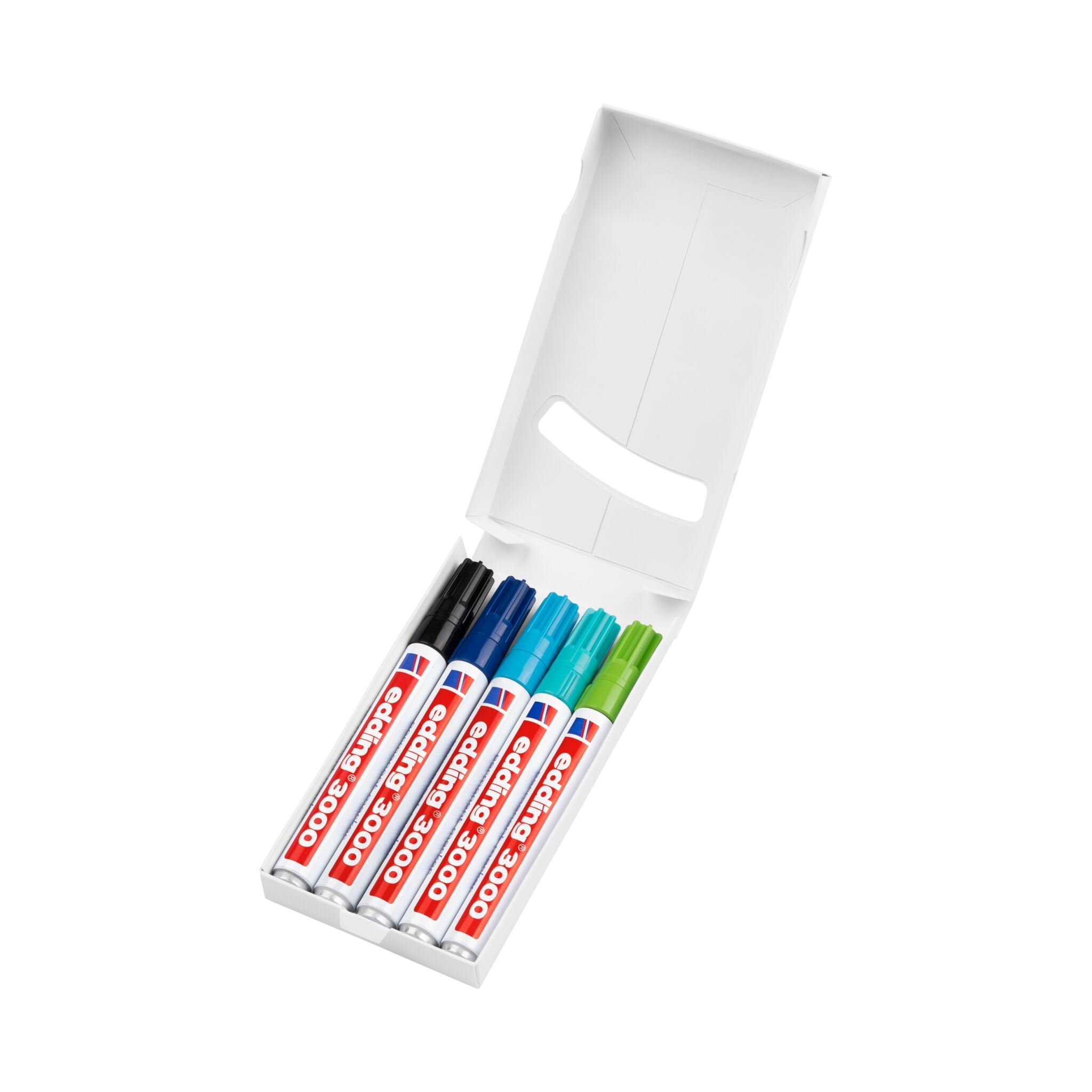 Ein Set mit vier farbenfrohen edding 3000 Permanentmarkern in den Farben Rot, Schwarz, Blau und Grün, übersichtlich angeordnet in einer offenen weißen Box auf weißem Hintergrund.