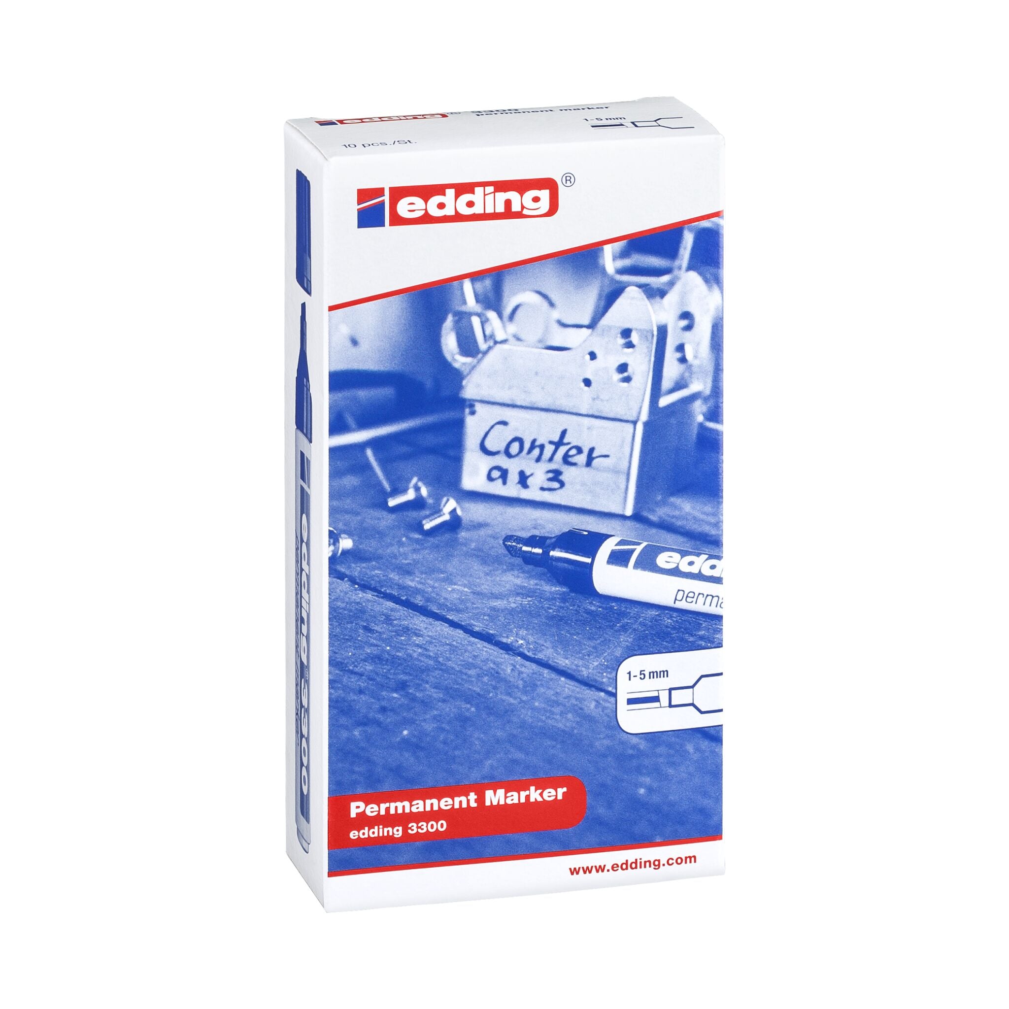 Eine Box edding 3300 Permanentmarker 10er-Set mit farbintensiver Tinte in einem lebendigen Blau-Weiß-Farbschema.