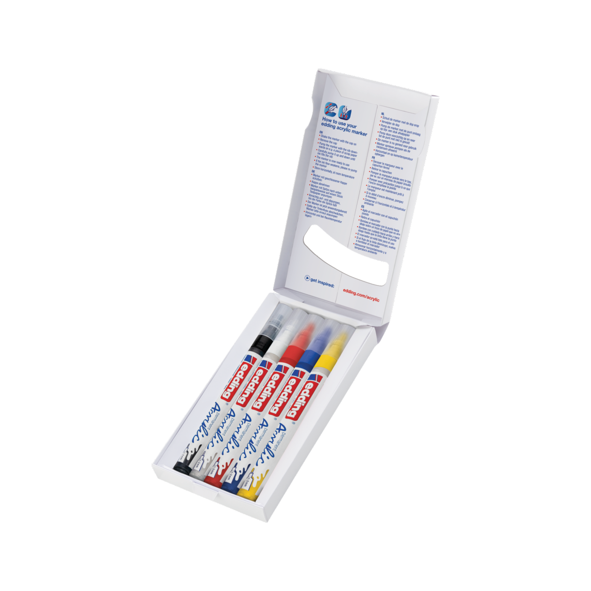 Ein Set des farbenfrohen edding 5300 Acrylmarker fein 5er-Sets in einer Box mit geöffnetem Deckel, die Produktinformationen sind im Deckel sichtbar.