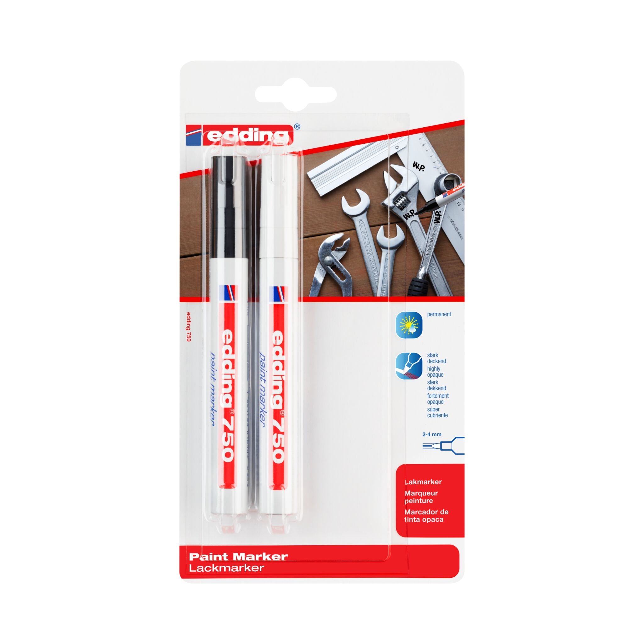 Das edding 750 Lackmarker 2er-Set enthält weiße und silberne Marker in einer Blisterpackung mit Metall- und Werkzeugbildern, die auf ihre hochpermanente Tinte und die mehrsprachige Verwendung auf der Verpackung hinweisen.