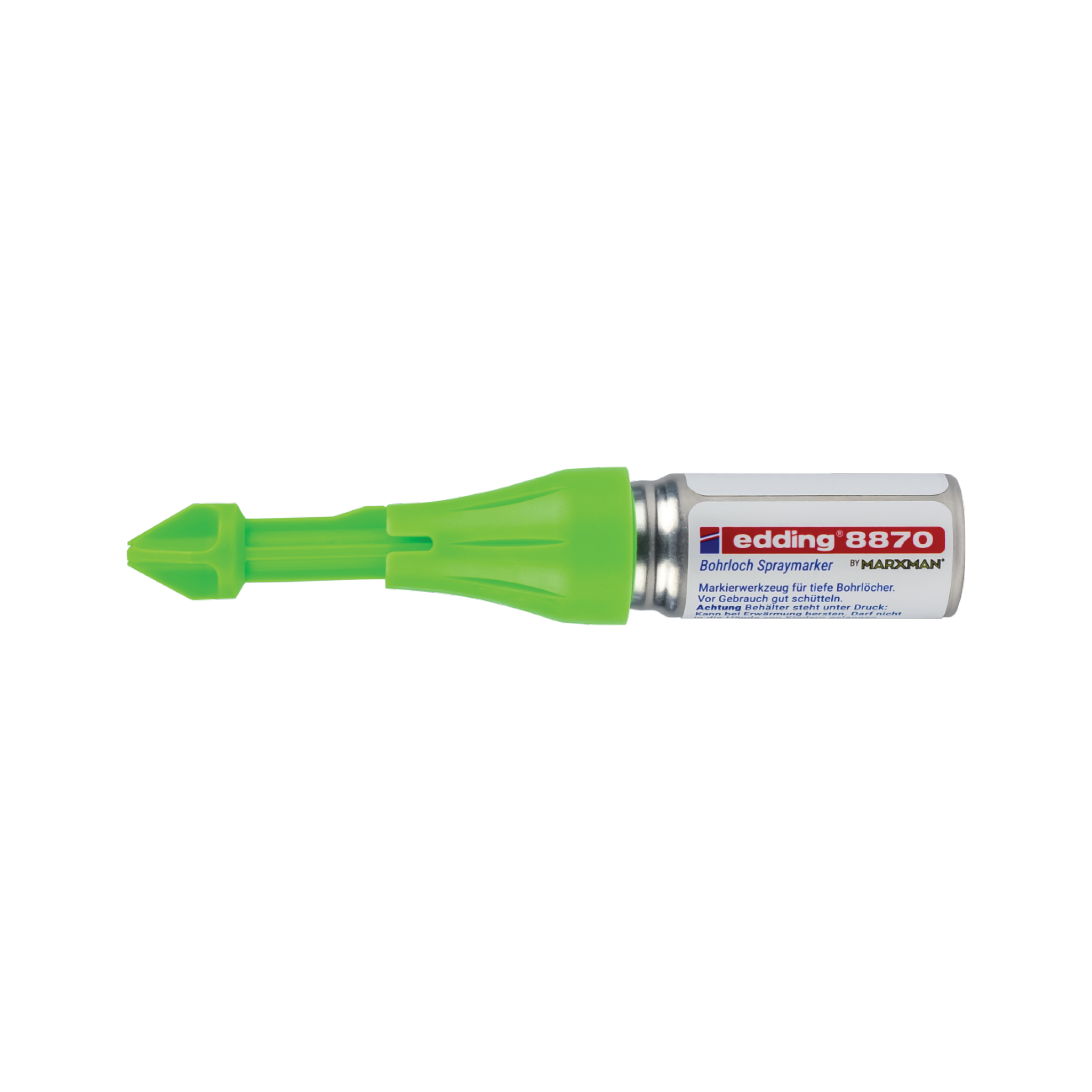 Ein grüner edding neongrün 8870 Bohrloch Spraymarker auf weißem Hintergrund.