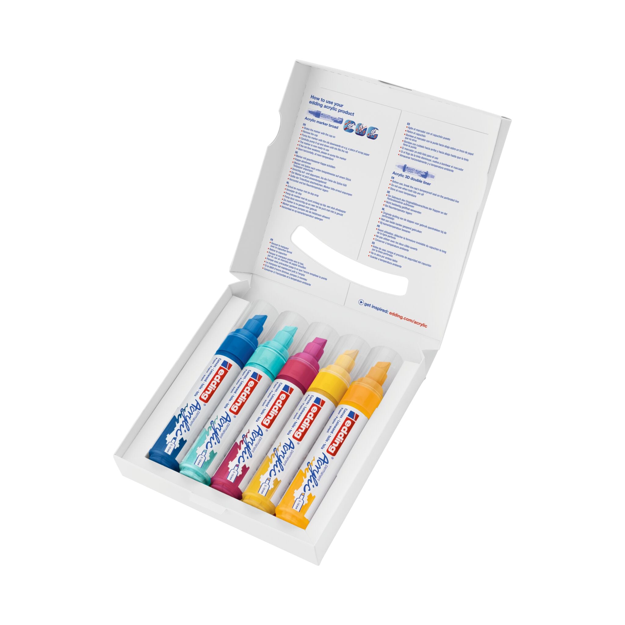 Eine offene Box mit einem Satz bunter edding 5000 Acrylmarker breit 5er-Set-Stifte, ordentlich in einer Reihe angeordnet, wobei auf dem Boxdeckel Produktinformationen angezeigt werden.