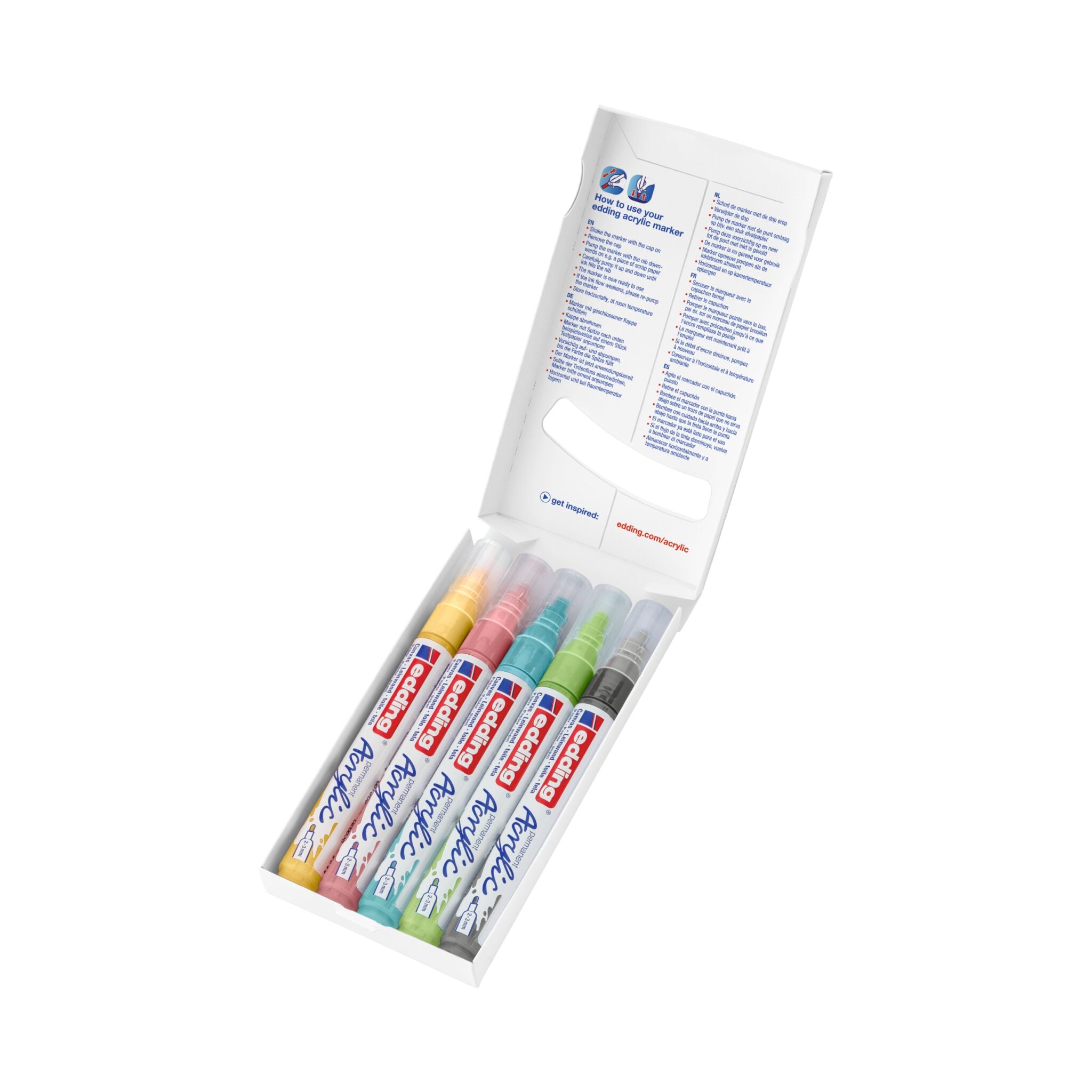 Ein Satz farbenfroher edding 5100 Acrylmarker-Stifte in einer Verpackung, ordentlich präsentiert, wobei die Kappen sichtbar sind und eine Vielzahl von Farben zeigen.