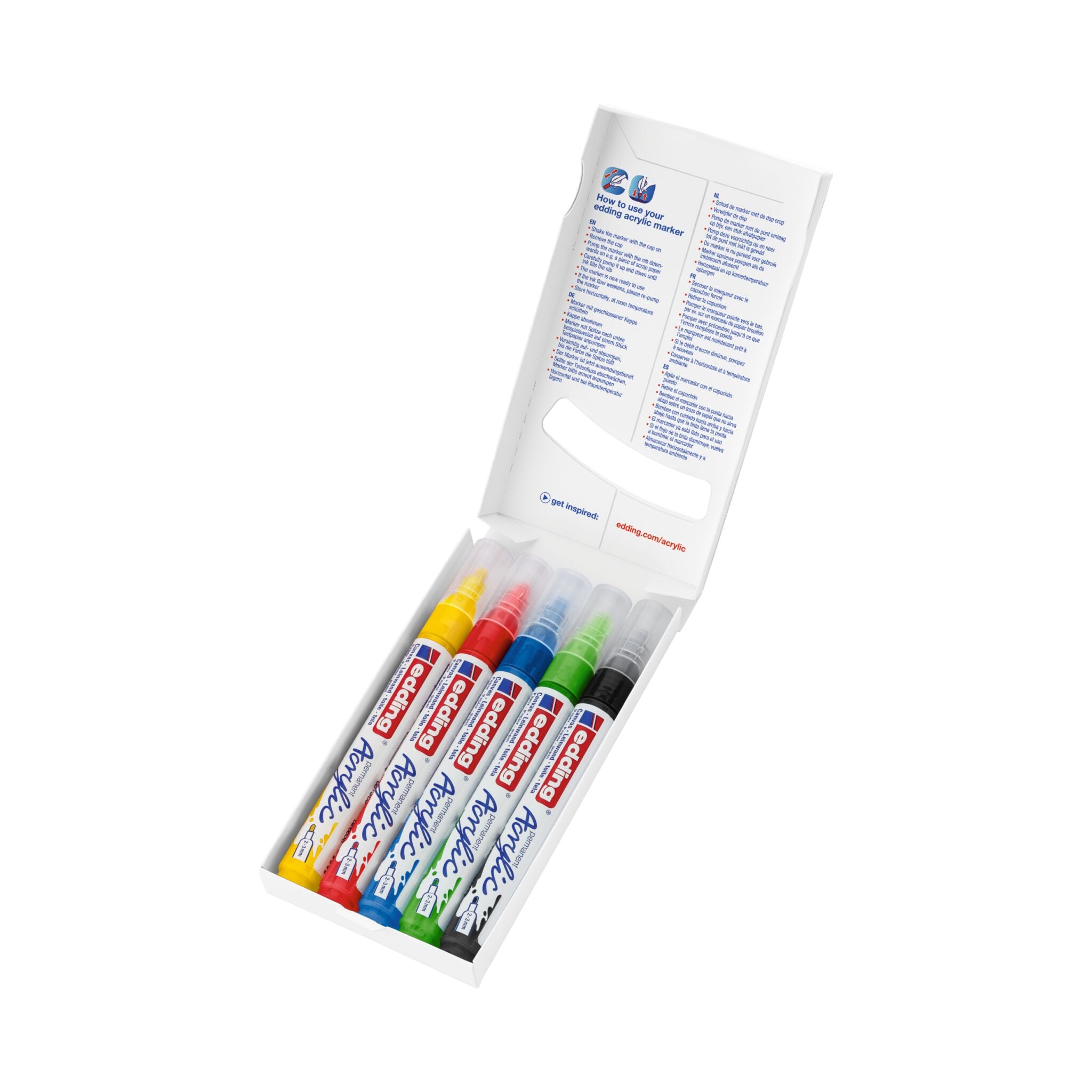Eine Packung mit acht mehrfarbigen edding 5100 Acrylmarkern medium 5er-Set in einer offenen Box mit Produktinformationen auf der Innenklappe.
