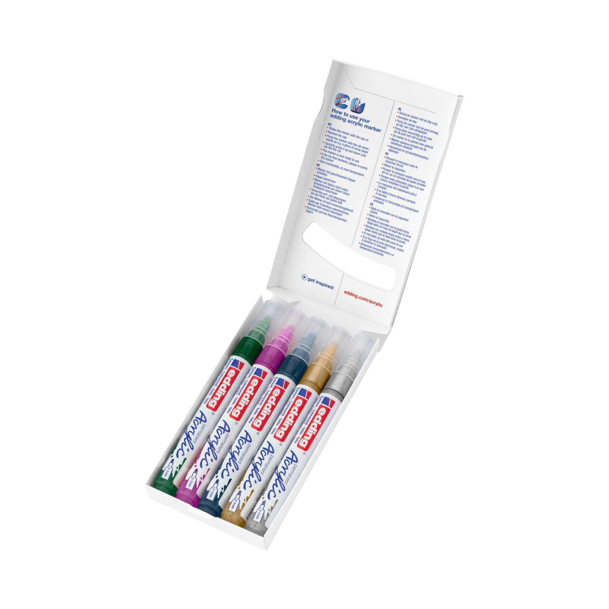 Ein Satz farbenfroher edding 5100 Acrylmarker Medium im 5er-Set in einer Box, bereit für den Einsatz in einem kreativen Projekt oder einer Organisationsaufgabe.