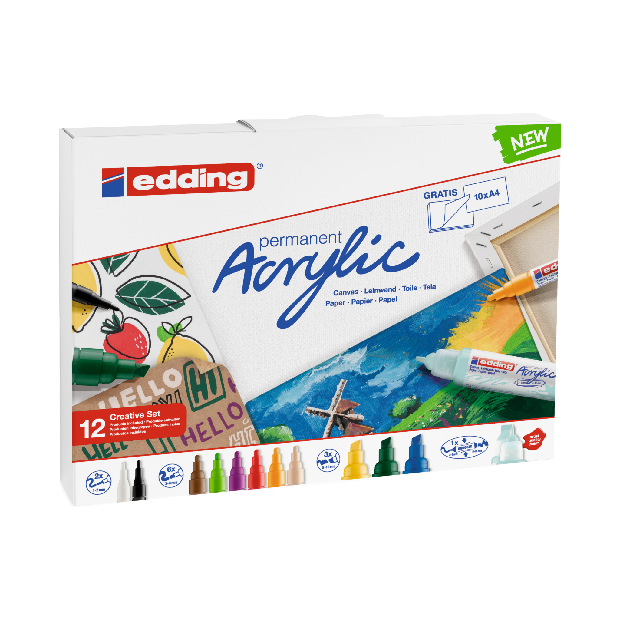 Ein Satz edding Acryl Starterset Basic-Acrylmalstifte in einer offenen Box mit verschiedenen sichtbaren Farben. Das Verpackungsdesign zeigt lebendige Illustrationen, die mit dem Produkt auf Leinwand gezeichnet wurden.