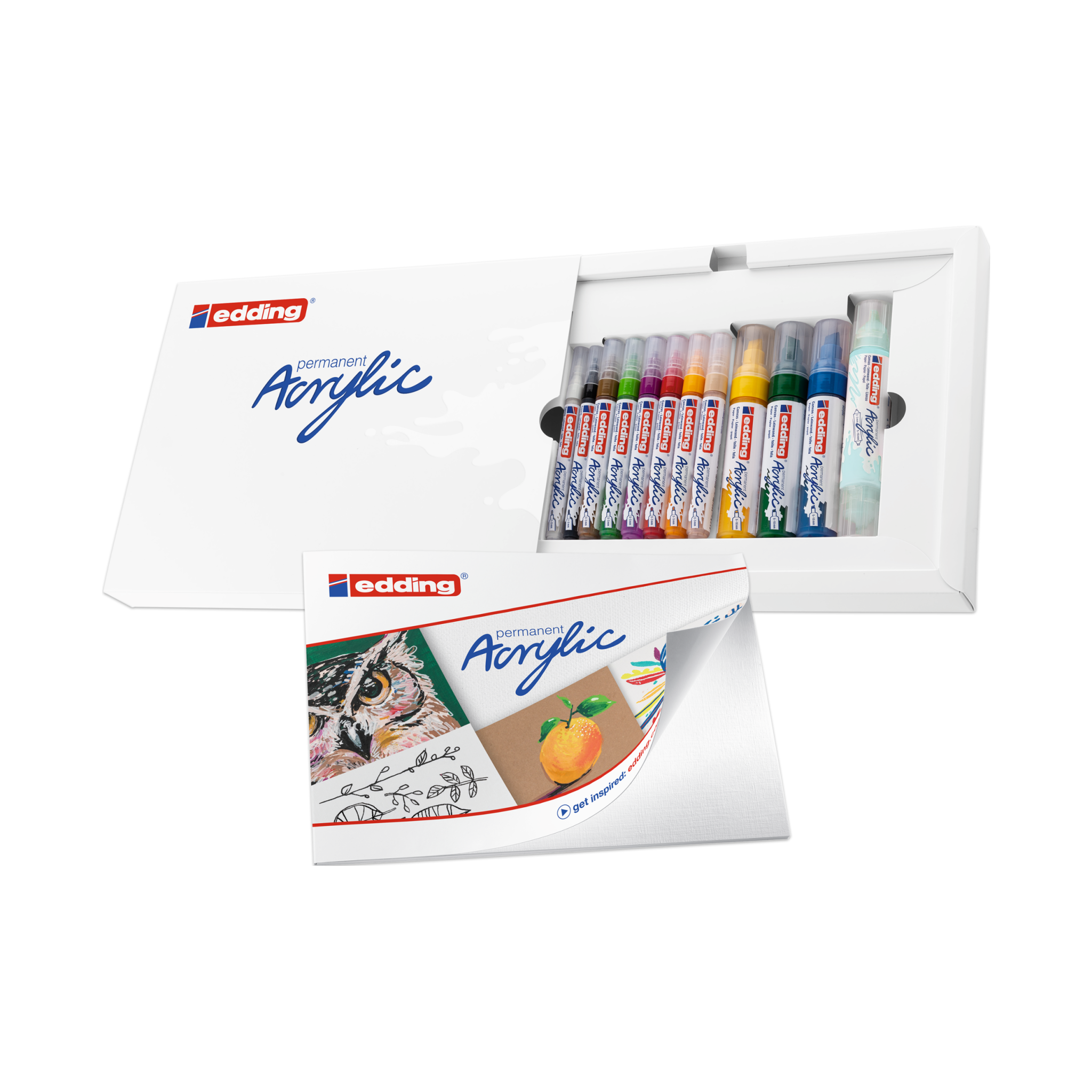 Ein Satz edding Acryl Starterset Basic-Acrylmalstifte in einer offenen Box mit verschiedenen sichtbaren Farben. Das Verpackungsdesign zeigt lebendige Illustrationen, die mit dem Produkt auf Leinwand gezeichnet wurden.