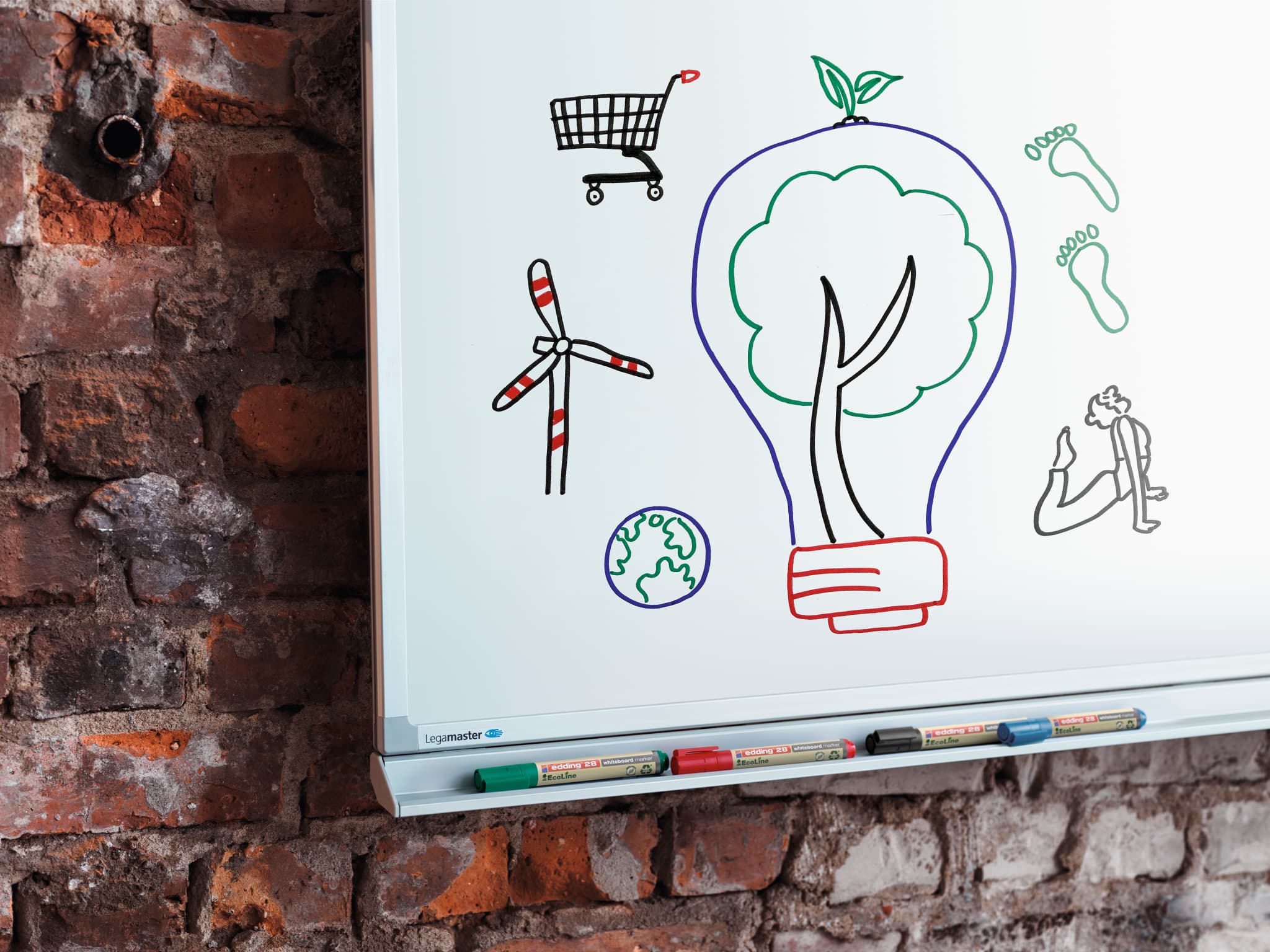Ein Whiteboard mit bunten Kritzeleien, die Nachhaltigkeit und umweltfreundliche Konzepte veranschaulichen, wie etwa eine baumförmige Glühbirne, ein Windrad, ein Einkaufswagen mit einem Blatt, die Erde und eine Person, die mit dem edding 28 EcoLine Whiteboardmarker 4er-Set von pflanzt edding.