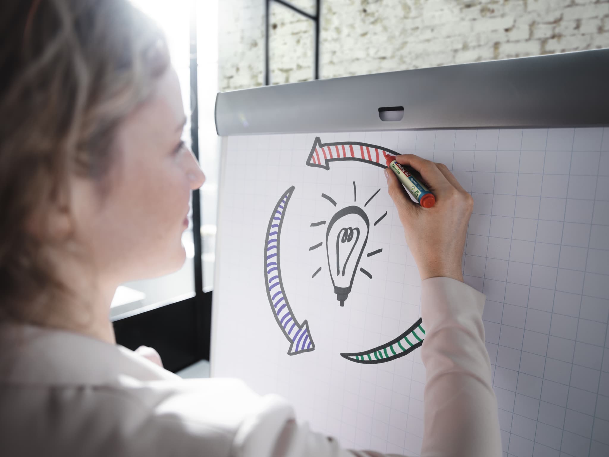 Eine Frau skizziert mit einem edding 32 EcoLine Flipchartmarker ein Glühbirnen-Ideenkonzept auf einem Whiteboard während einer Brainstorming-Sitzung.