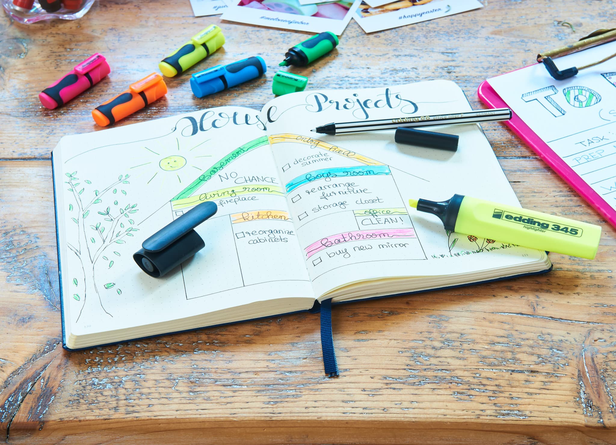 Eine farbenfrohe Brainstorming-Sitzung läuft, mit einer in einem offenen Notizbuch skizzierten Mindmap, umgeben von farbenfrohen edding 345 Textmarkern 6er-Set und Stiften auf einem Holztisch.